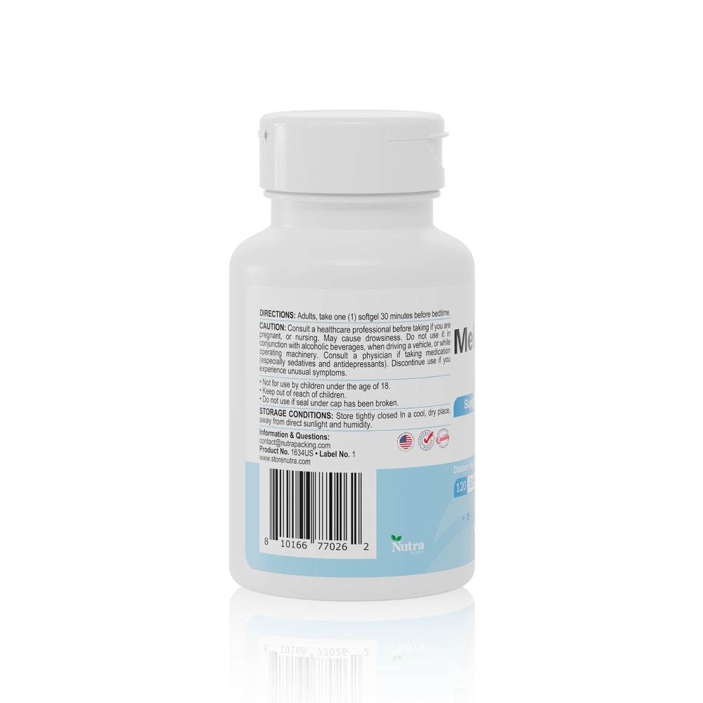 Nutra Nutrition Melatonin 5 mg bottle on nightstand ready to unwind