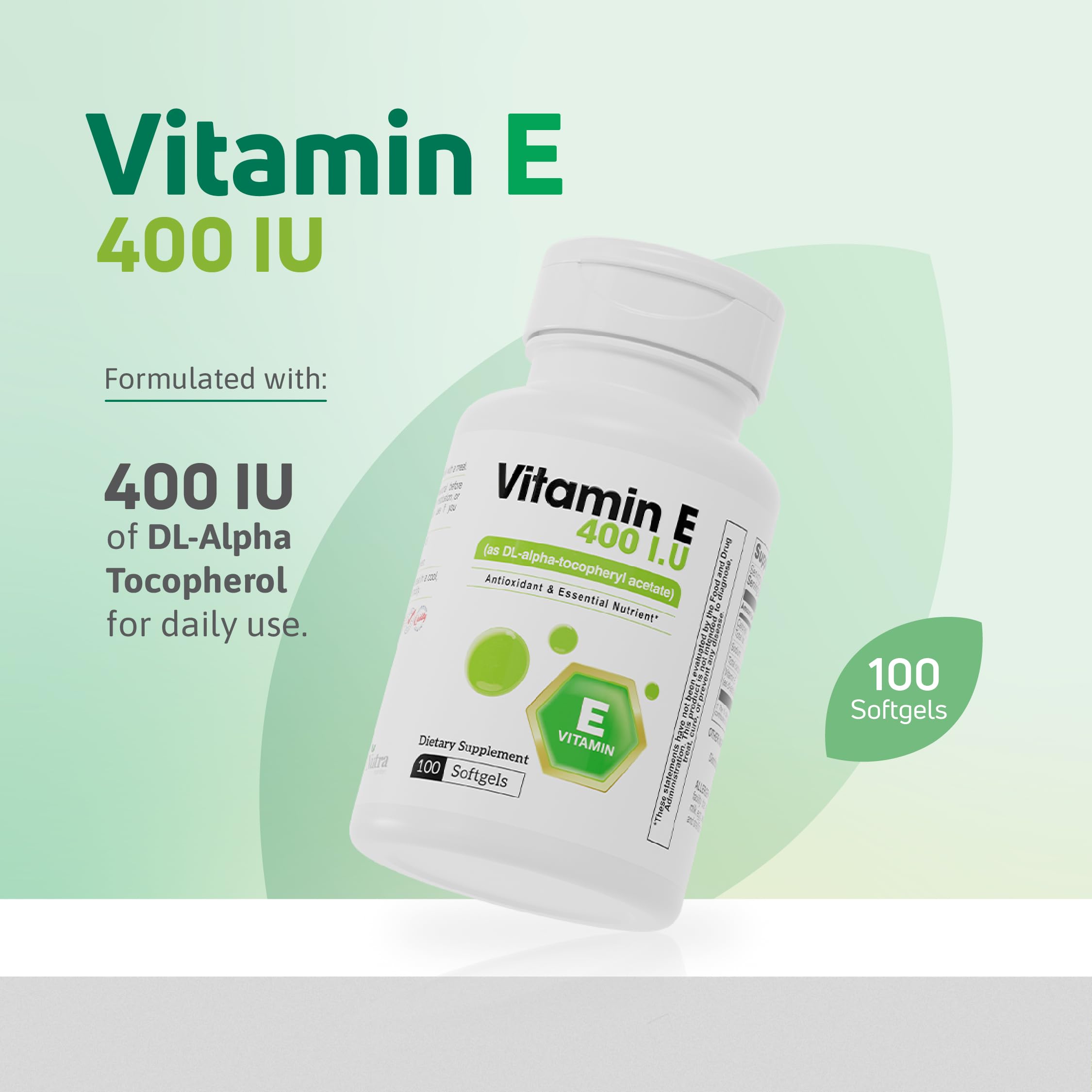 Nutra Nutrition Vitamin E 400 IU label highlighting gluten-free formula.