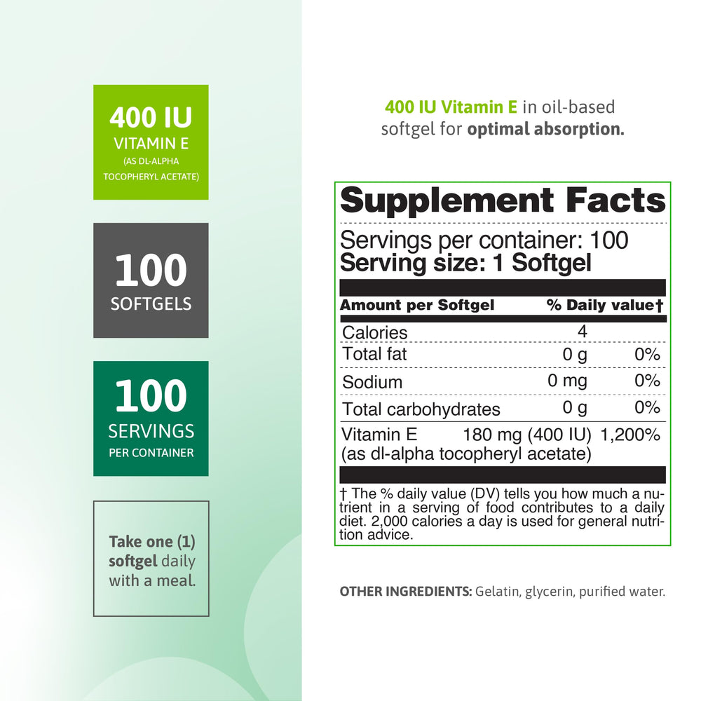 Nutra Nutrition Vitamin E 400 IU softgels pour shows convenient daily portion.