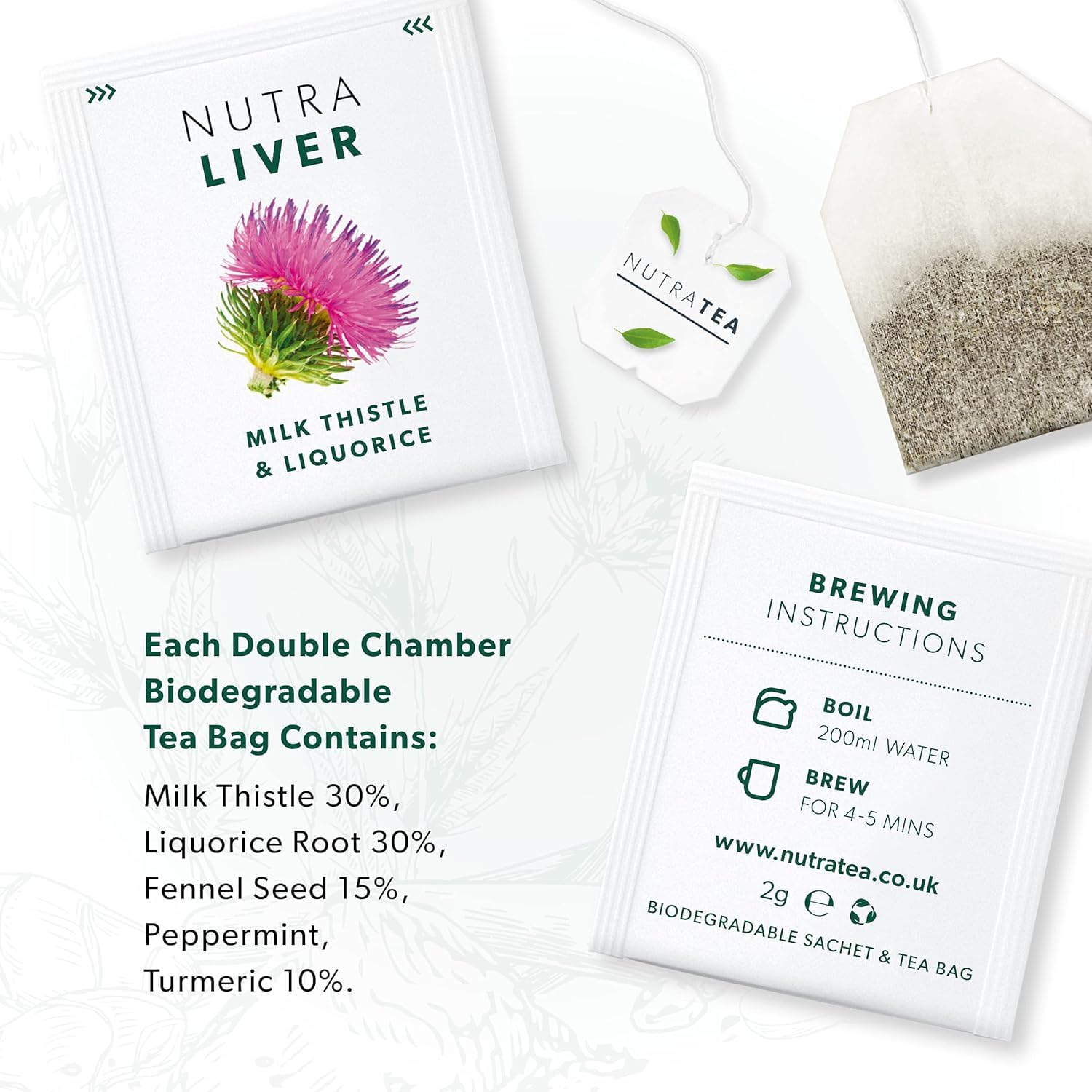 Nutra Tea Nutraliver tea bag closeup highlighting turmeric and fennel