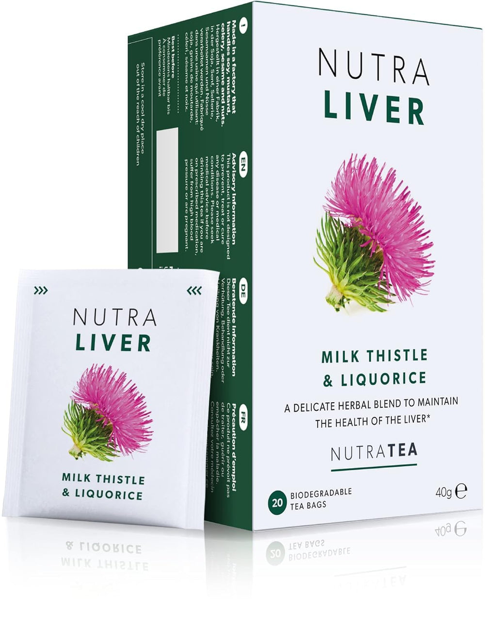 Nutra Tea Nutraliver box with tea bags showing premium blend