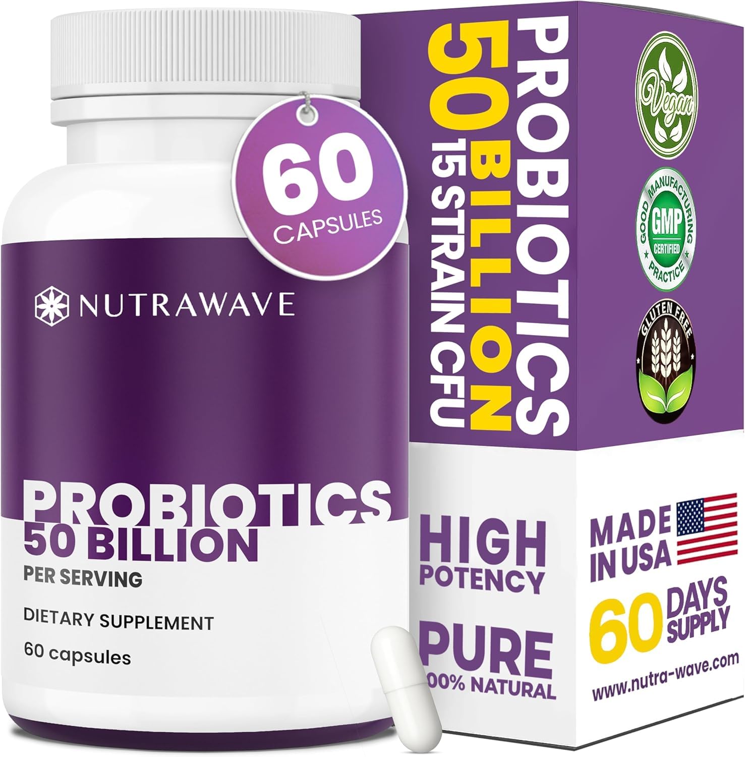 Nutra Wave 50B Probiotics bottle showing strong gut health potential.