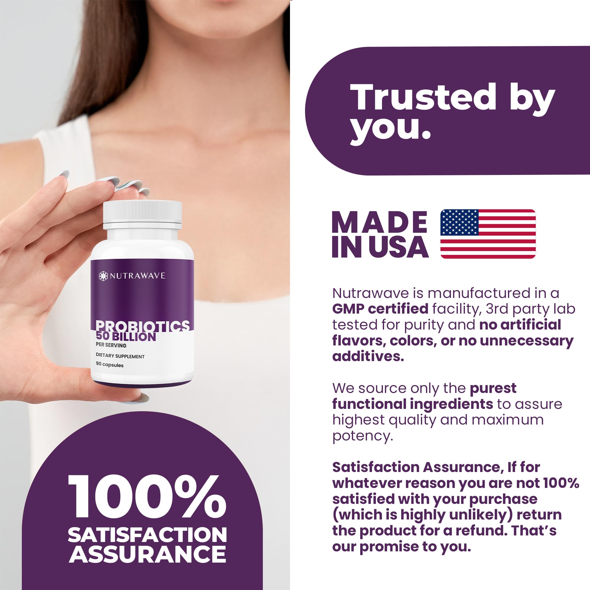 Nutra Wave capsules being poured suggests easy daily dosing.
