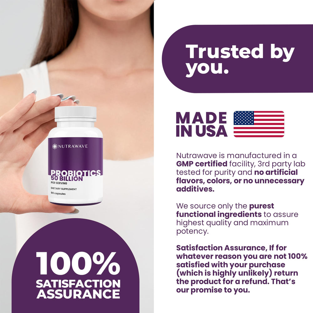 Nutra Wave capsules being poured suggests easy daily dosing.