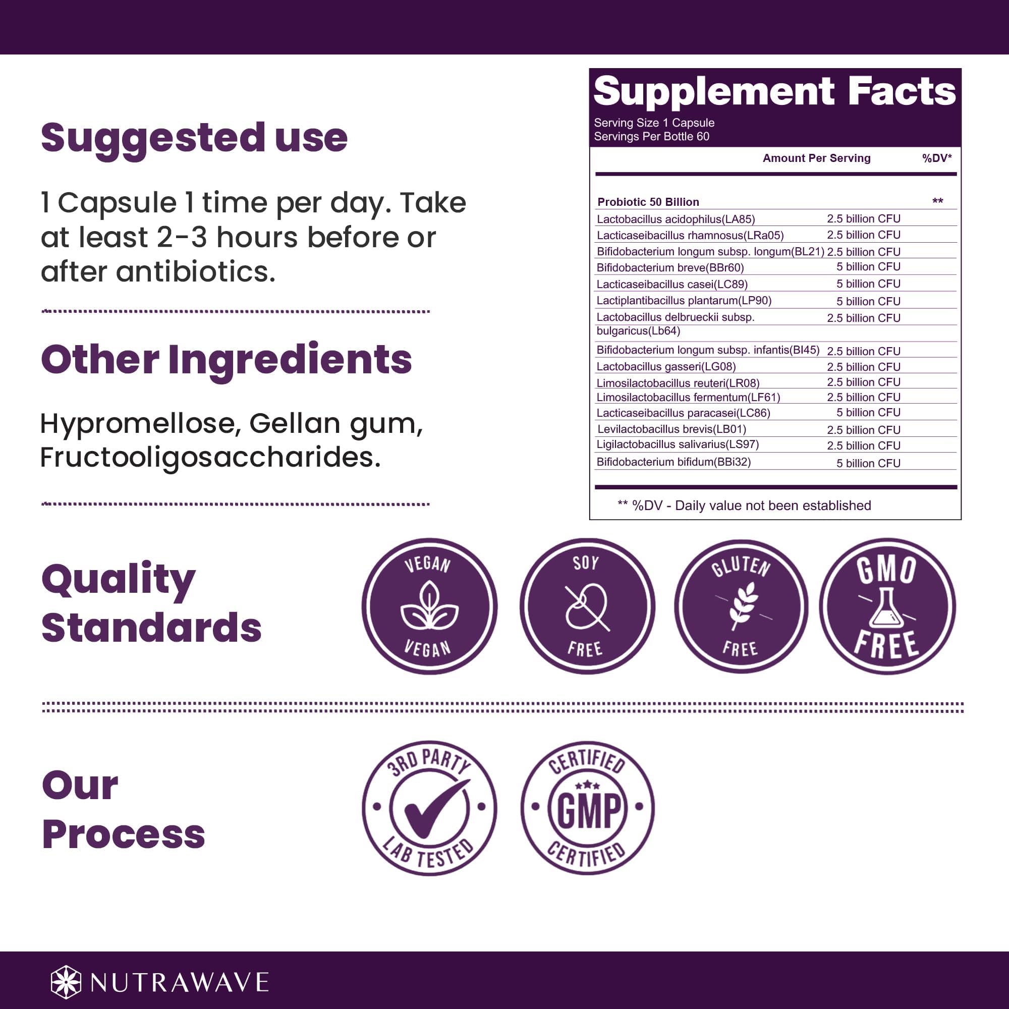 Nutra Wave probiotic capsules close-up vegan and non-GMO daily wellness.