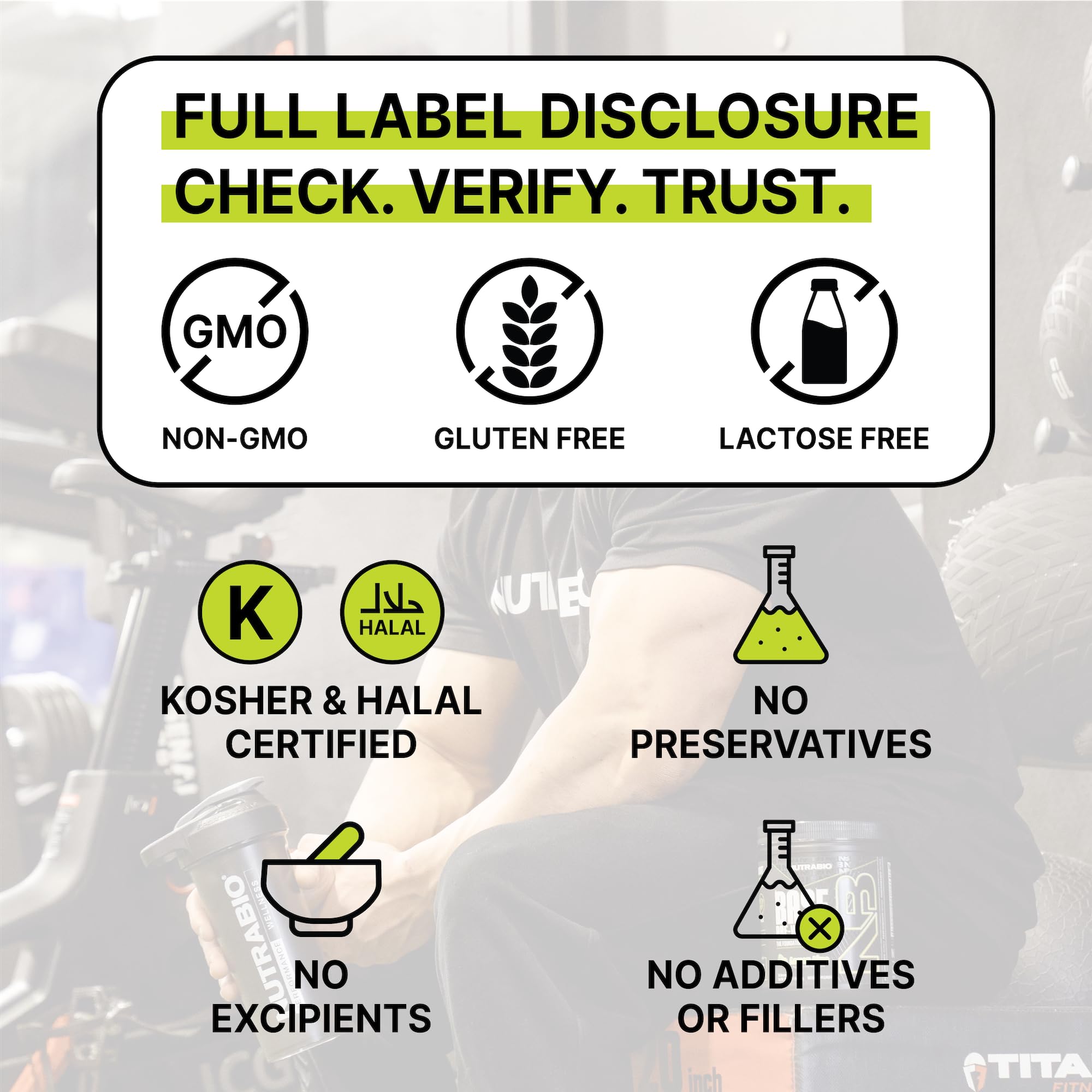 NutraBio 500g creatine monohydrate bottle label with third-party purity verification.