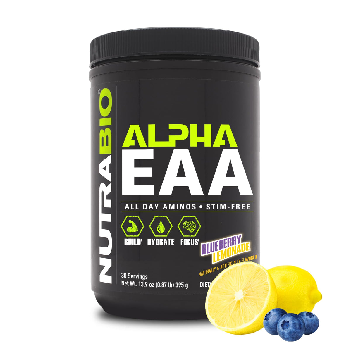 NutraBio Alpha EAA blueberry lemonade tub for workout hydration