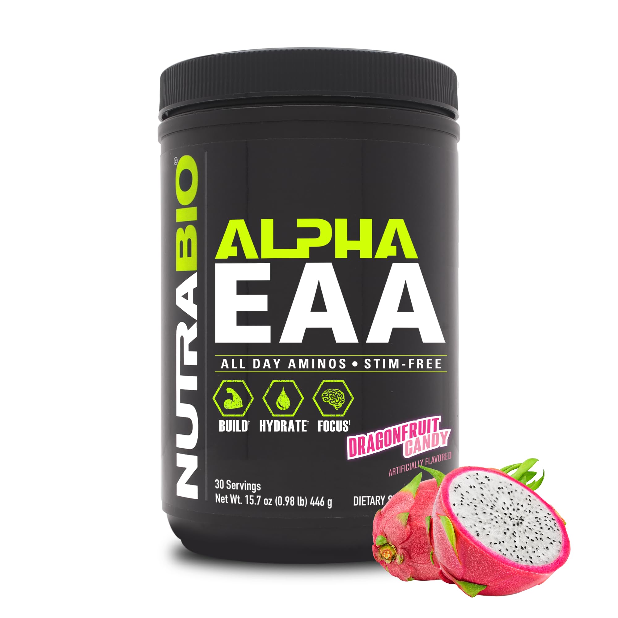 NutraBio Alpha EAA bottle front with dragon fruit flavor for daily recovery