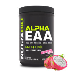 NutraBio Alpha EAA bottle front with dragon fruit flavor for daily recovery