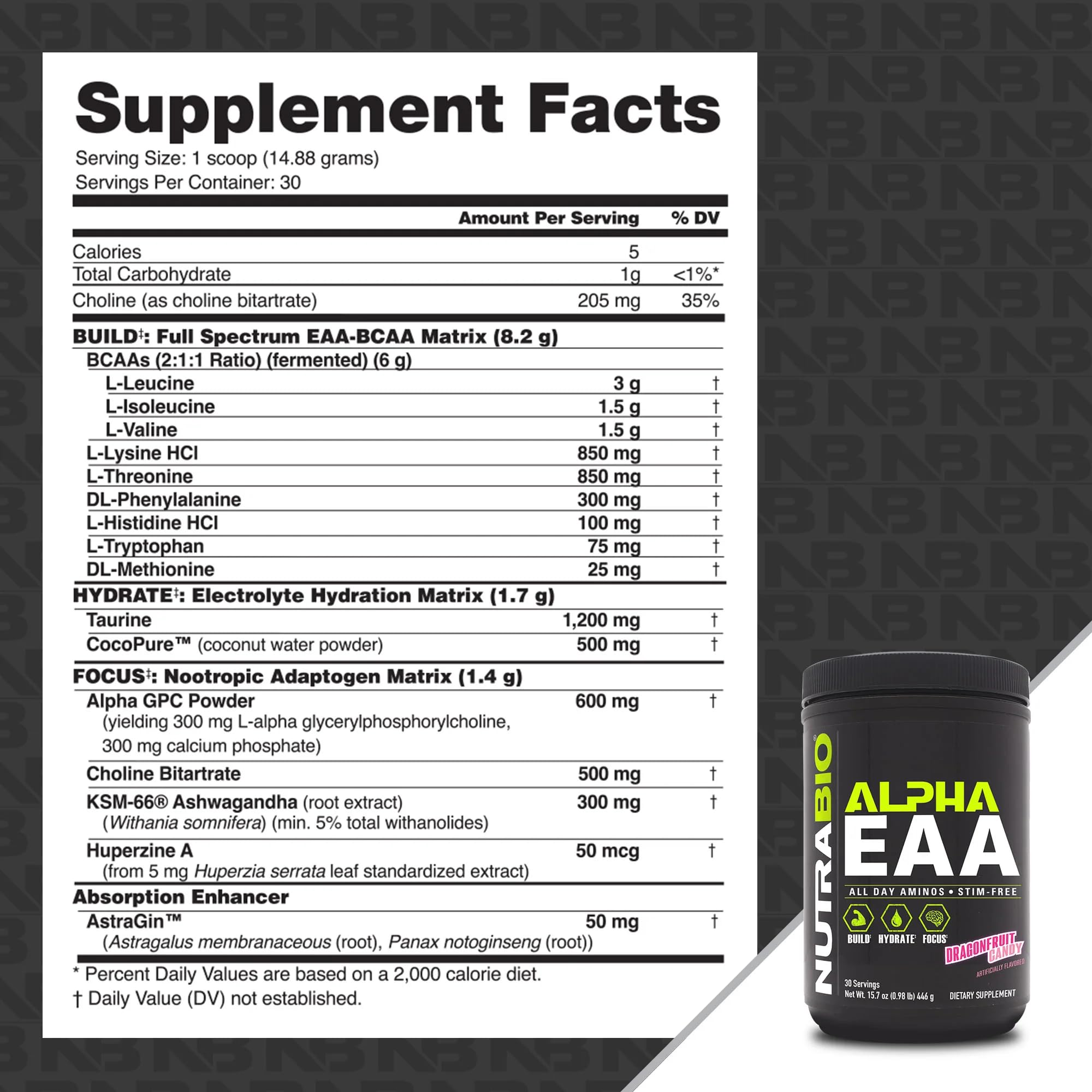 NutraBio Alpha EAA bottle side view highlighting dragon fruit packaging