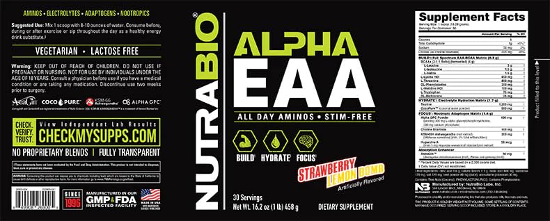 NutraBio Alpha EAA strawberry lemon powder in glass, refreshing post-workout sip