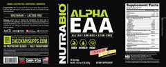 NutraBio Alpha EAA strawberry lemon powder in glass, refreshing post-workout sip