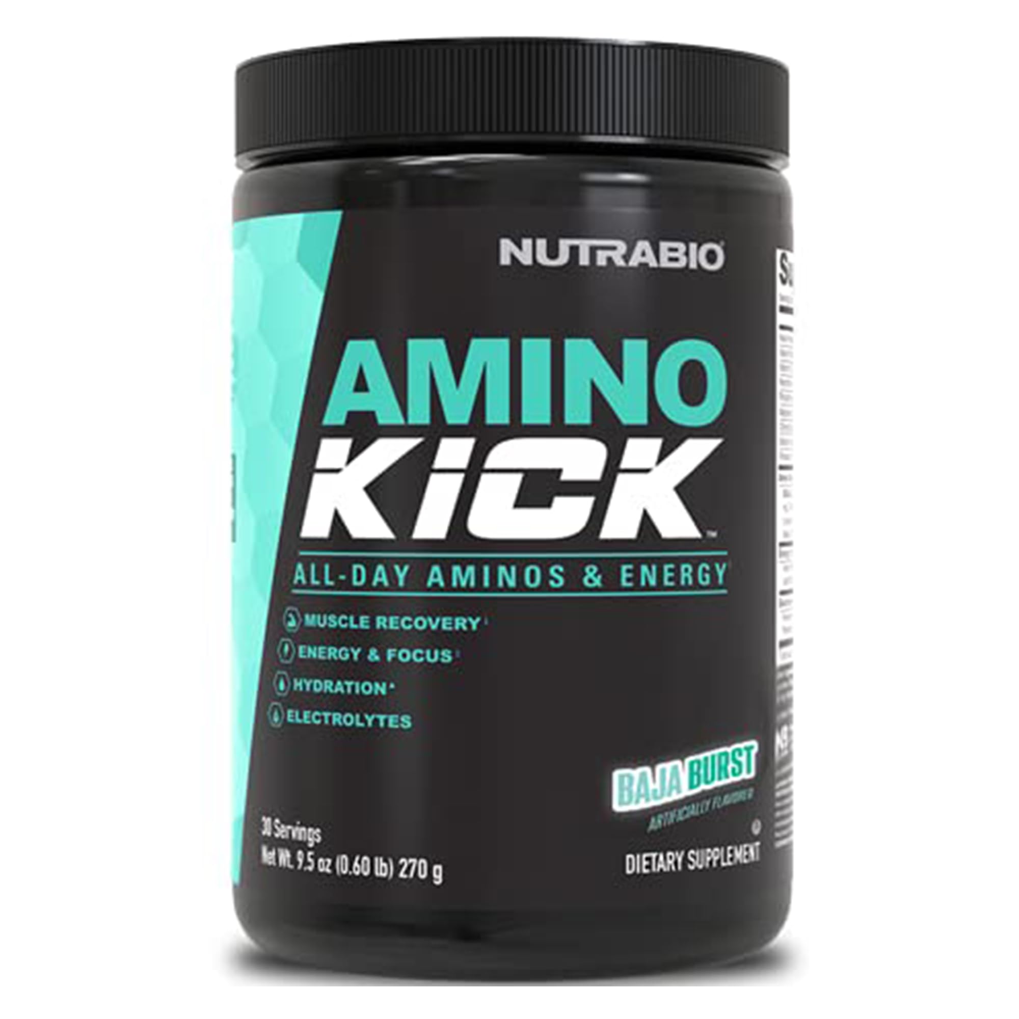 NutraBio Amino Kick Baja Burst scoop shows a balanced amino blend for energy support