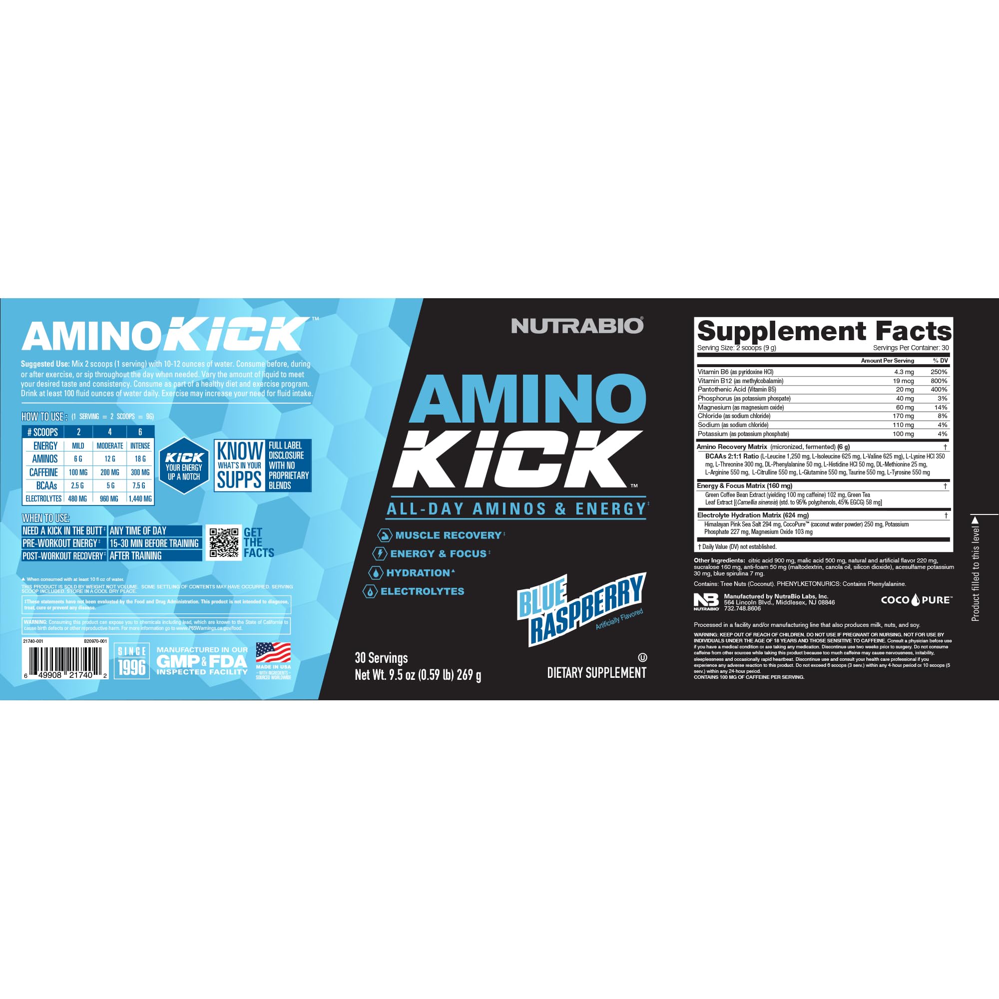 NutraBio Amino Kick blue raspberry scoop highlighting amino blend for workouts
