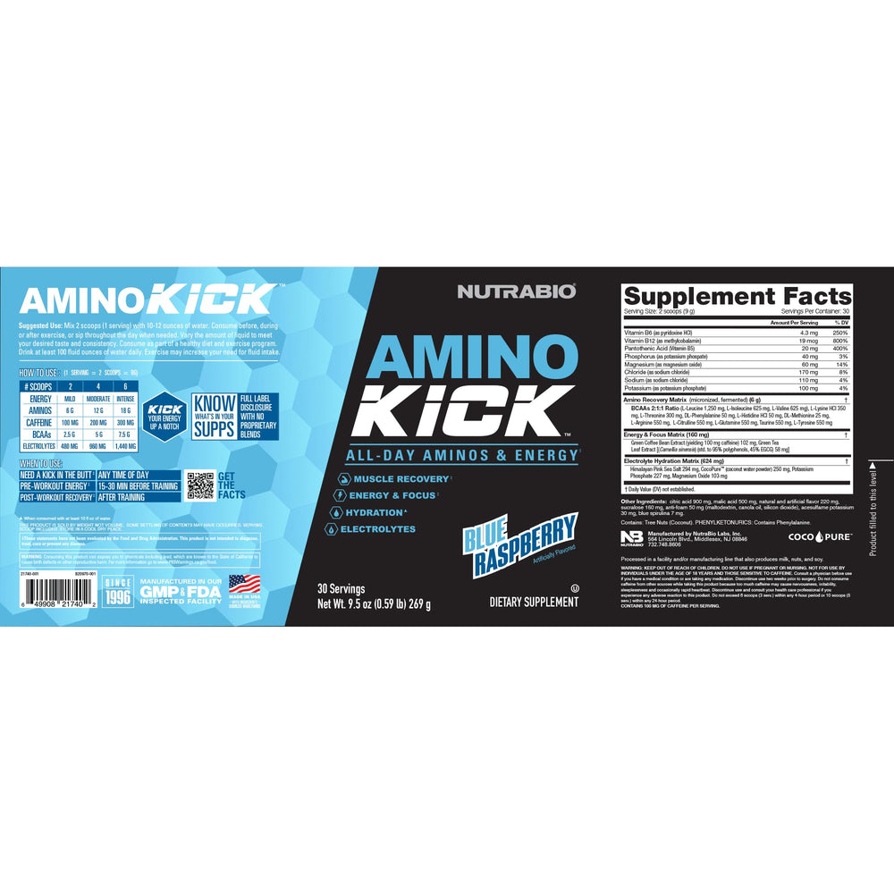 NutraBio Amino Kick blue raspberry scoop highlighting amino blend for workouts
