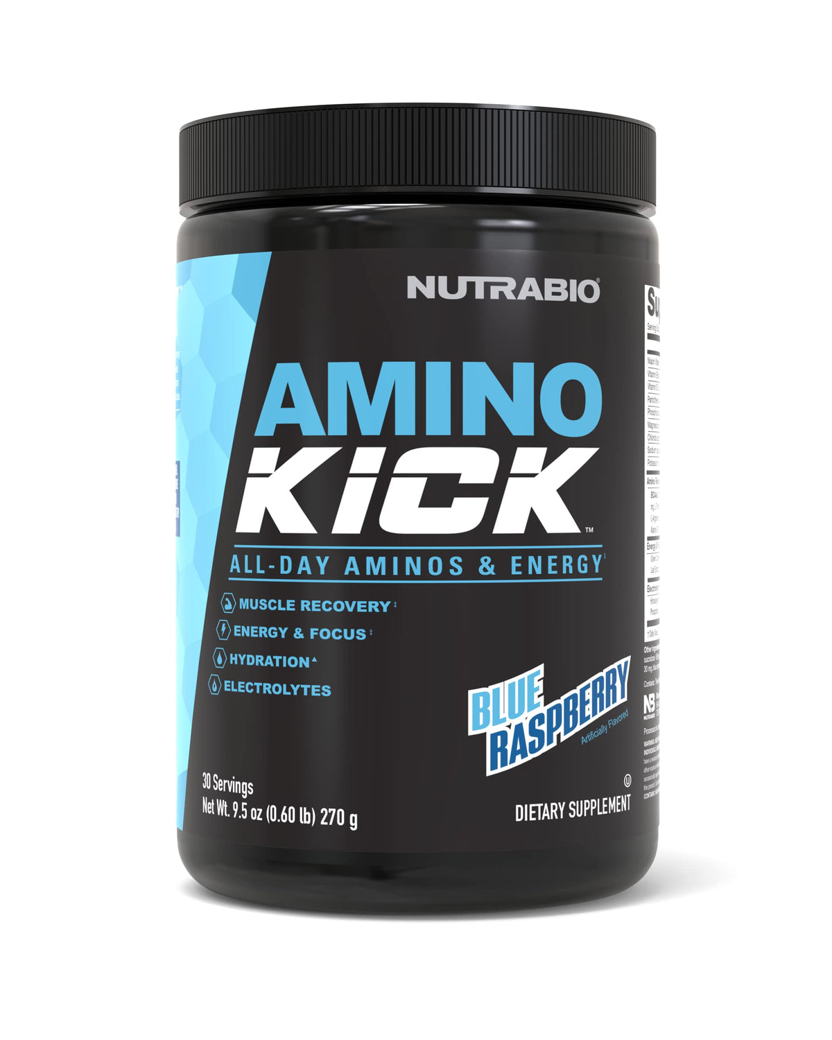 NutraBio Amino Kick blue raspberry tub showing powder for energy and recovery