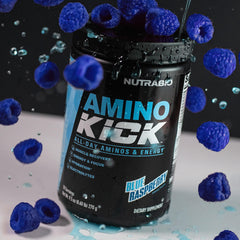 NutraBio Amino Kick bottle label closeup emphasizing electrolytes and amino acids