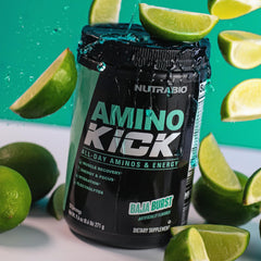 NutraBio Amino Kick bottle with sticks emphasizes portable energy on the go