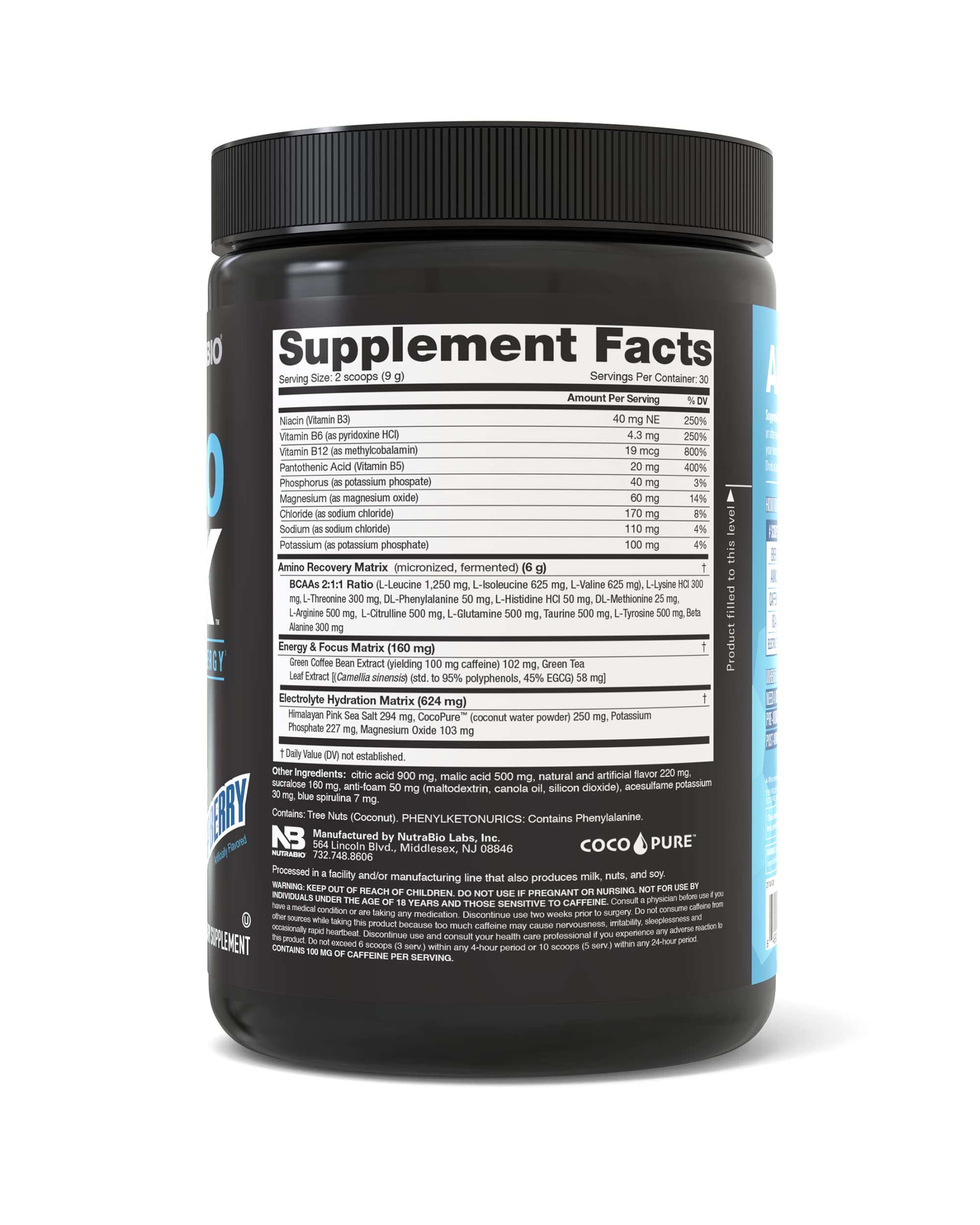 NutraBio Amino Kick blue raspberry bottle with clear drink