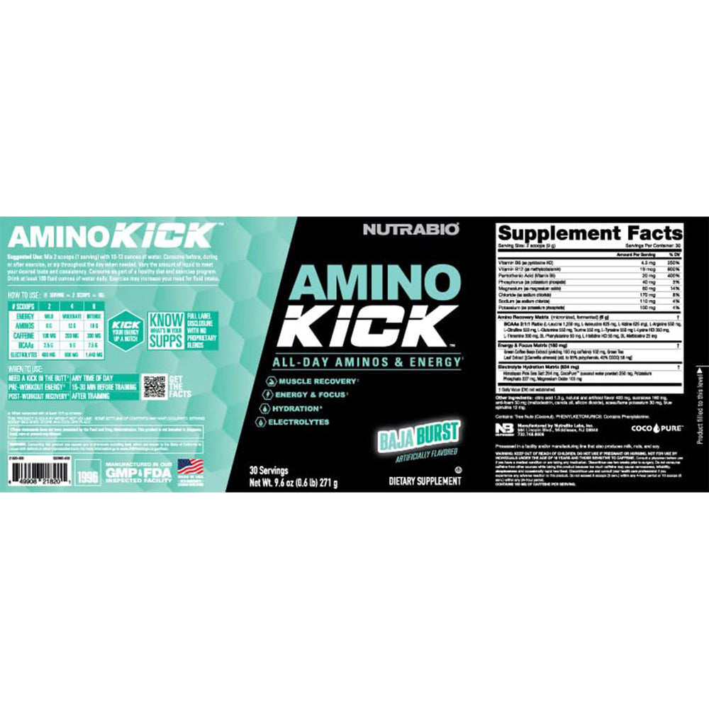 NutraBio Amino Kick ingredient matrix shows EAAs and BCAAs in 2:1:1