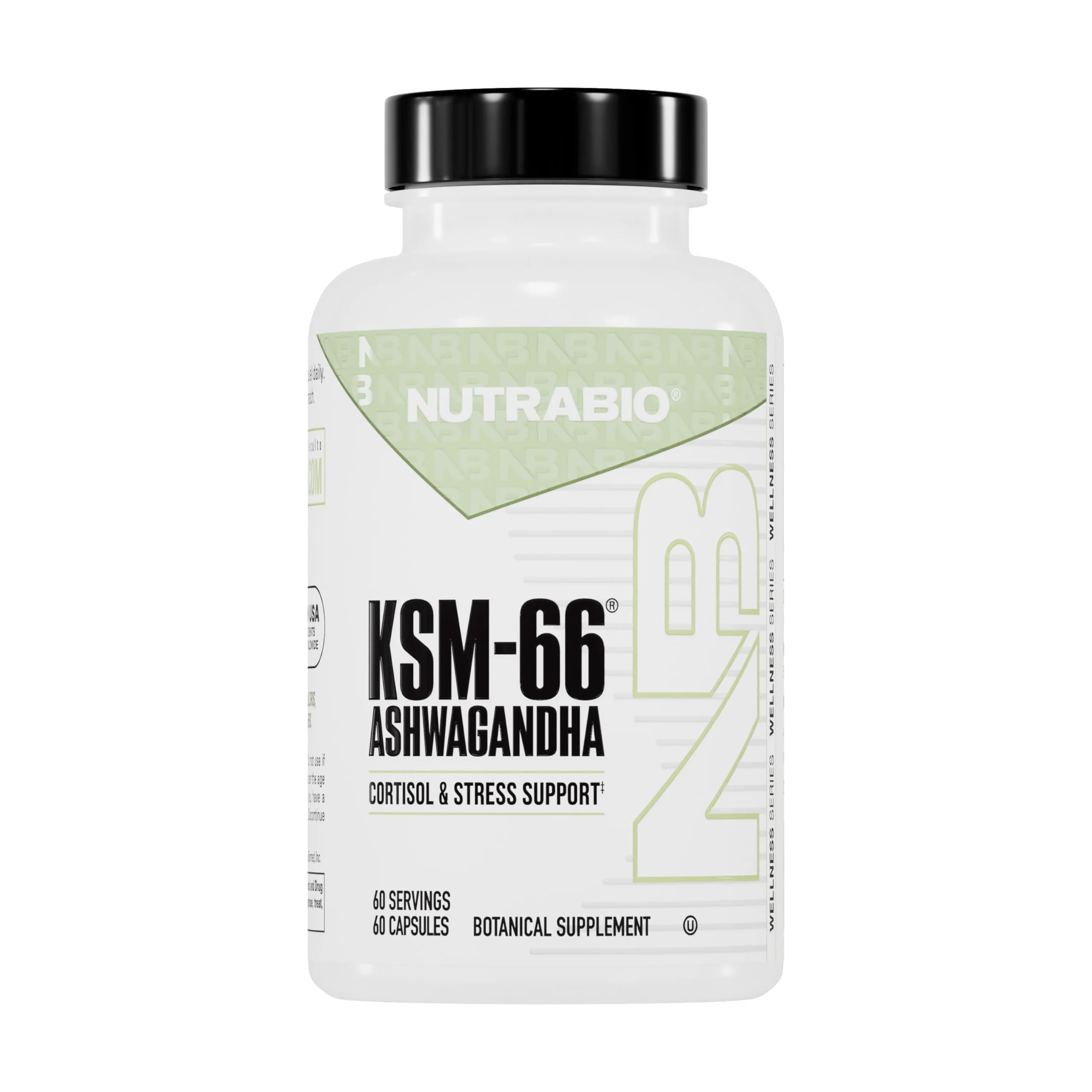 NutraBio Ashwagandha KSM-66 bottle front for stress support and mood balance