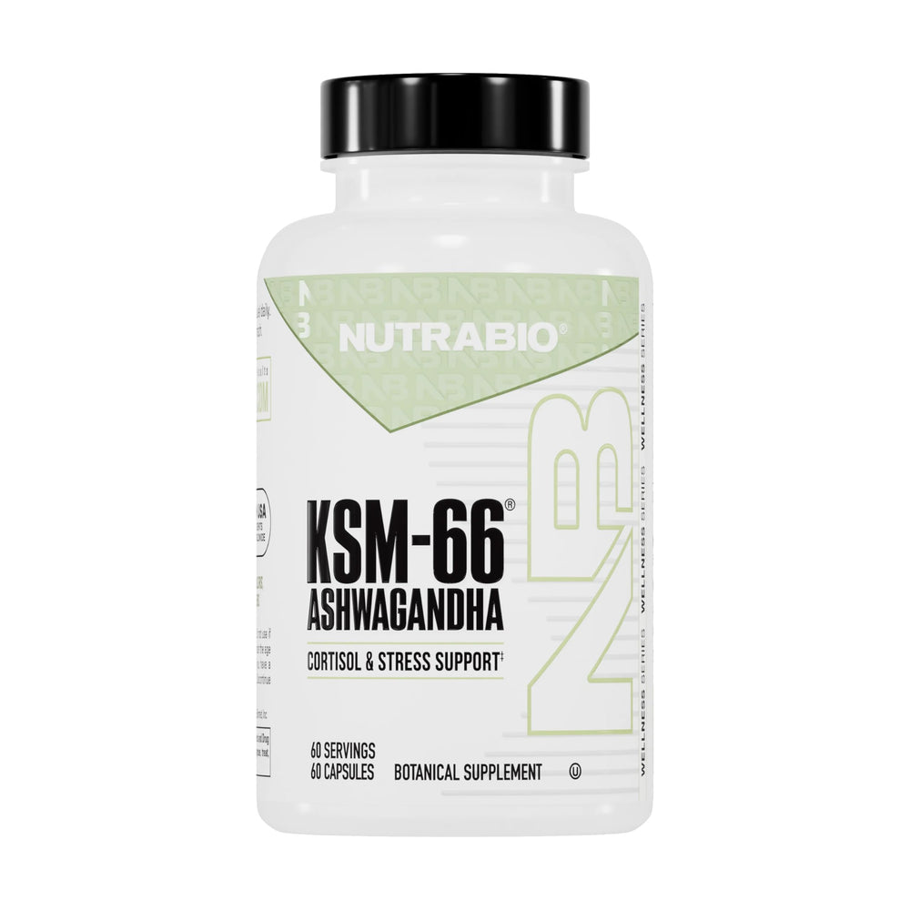 NutraBio Ashwagandha KSM-66 bottle front for stress support and mood balance