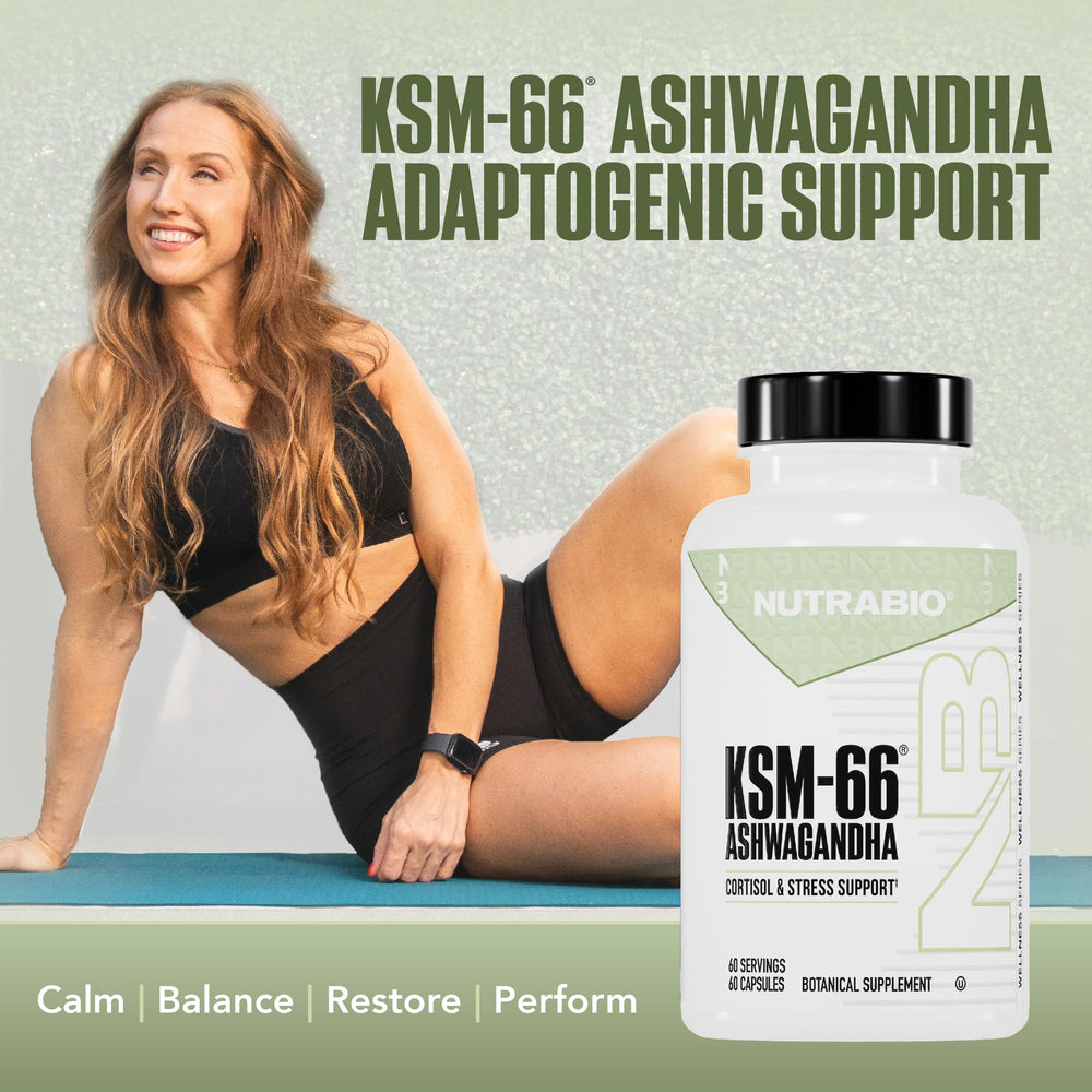 NutraBio Ashwagandha KSM-66 capsules close-up highlighting the 600 mg dose