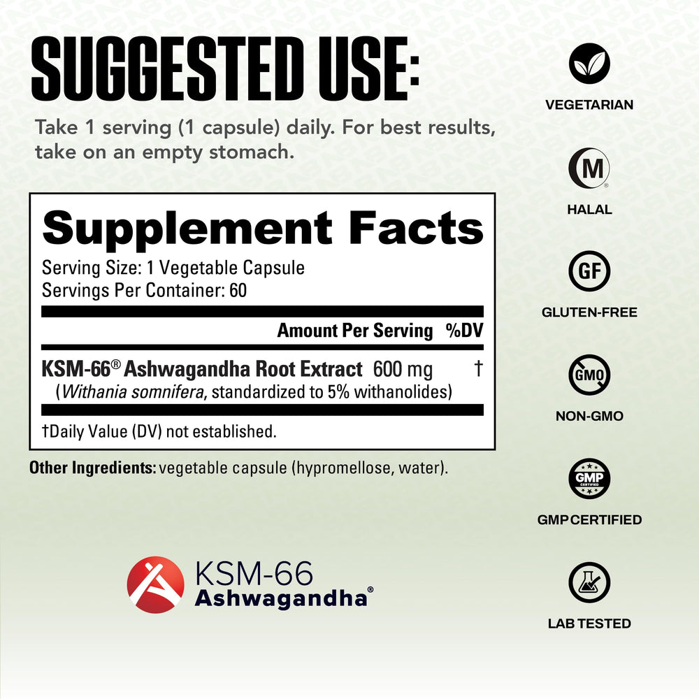NutraBio Ashwagandha KSM-66 label emphasizing organic quality