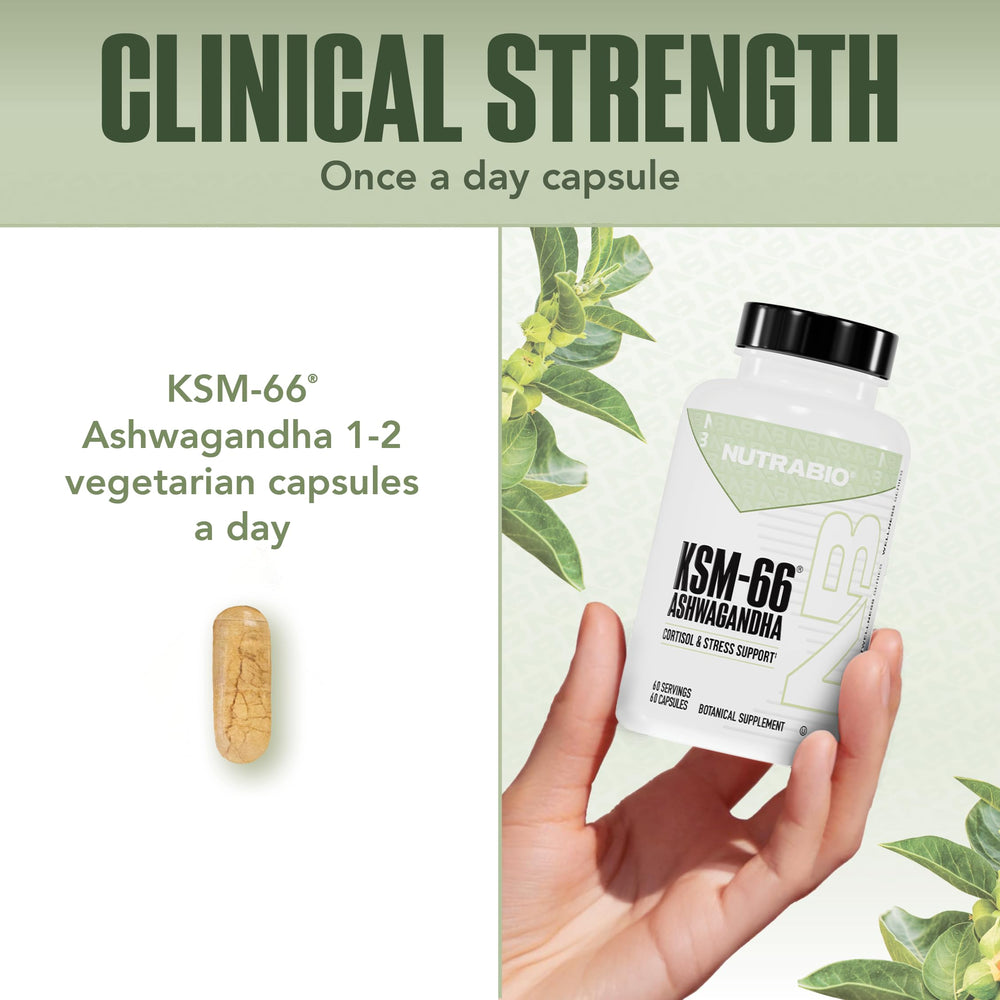 NutraBio Ashwagandha KSM-66 capsules conveying calm focus imagery