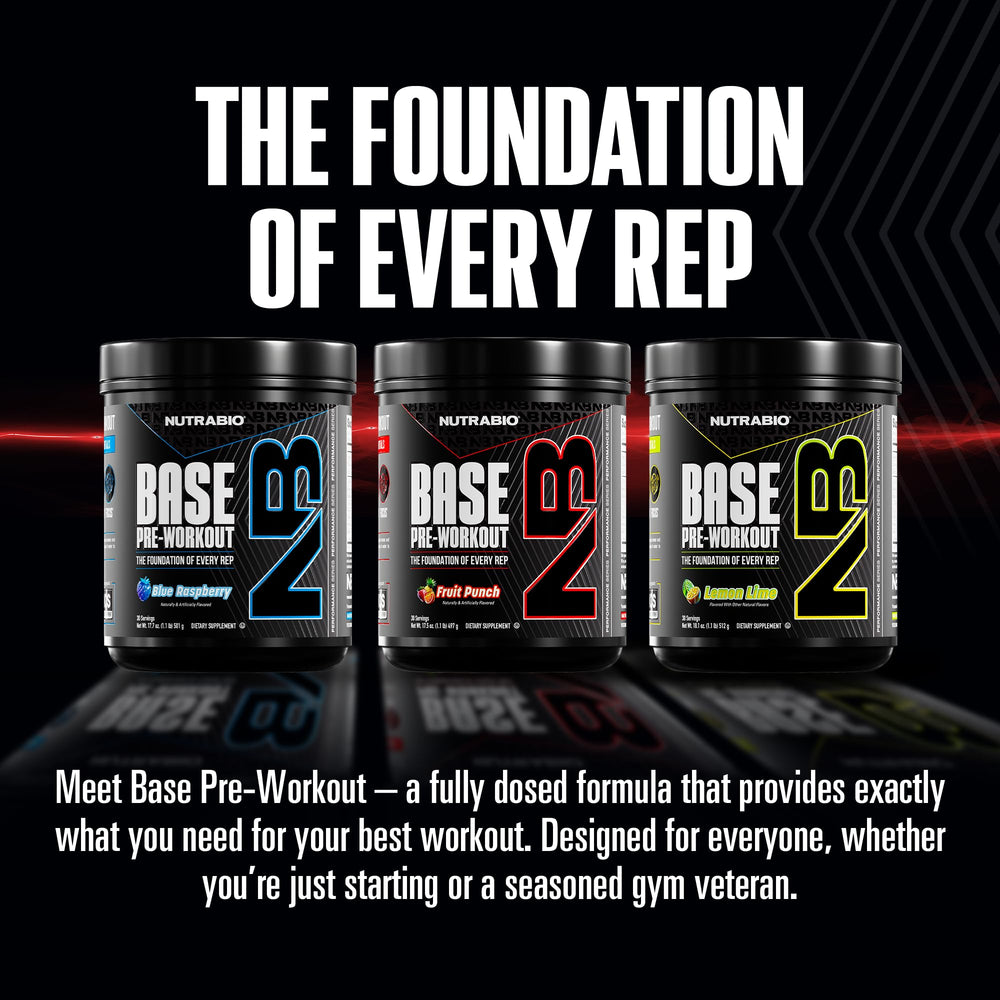 NutraBio Base Pre-Workout beta-alanine and L-tyrosine blend supports endurance.