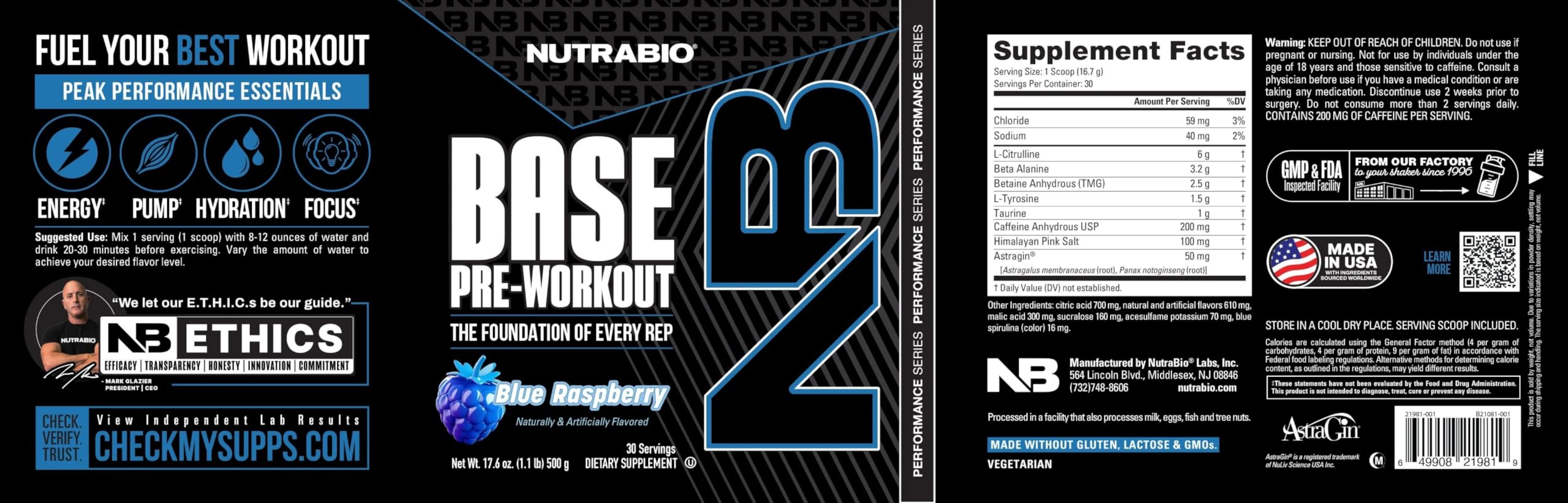 NutraBio Base Pre-Workout blue raspberry flavor close-up promises a palatable sugar-free taste.