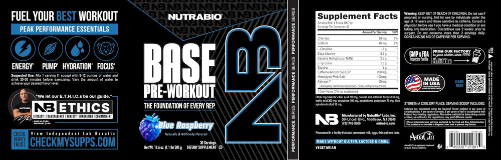 NutraBio Base Pre-Workout blue raspberry flavor close-up promises a palatable sugar-free taste.