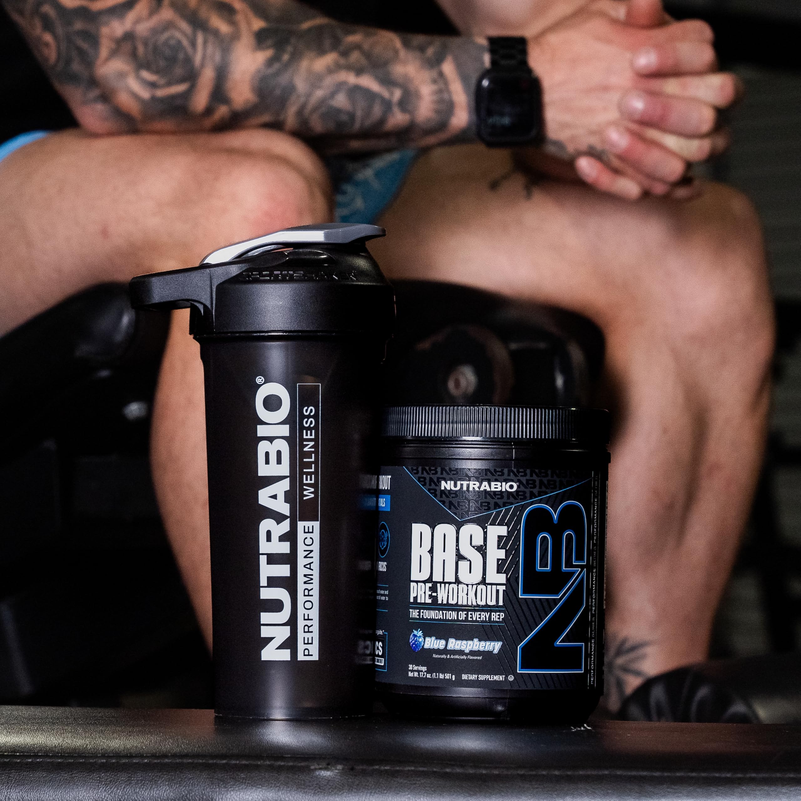 NutraBio Base Pre-Workout bottle 30 servings showing sugar-free formula for clean energy.