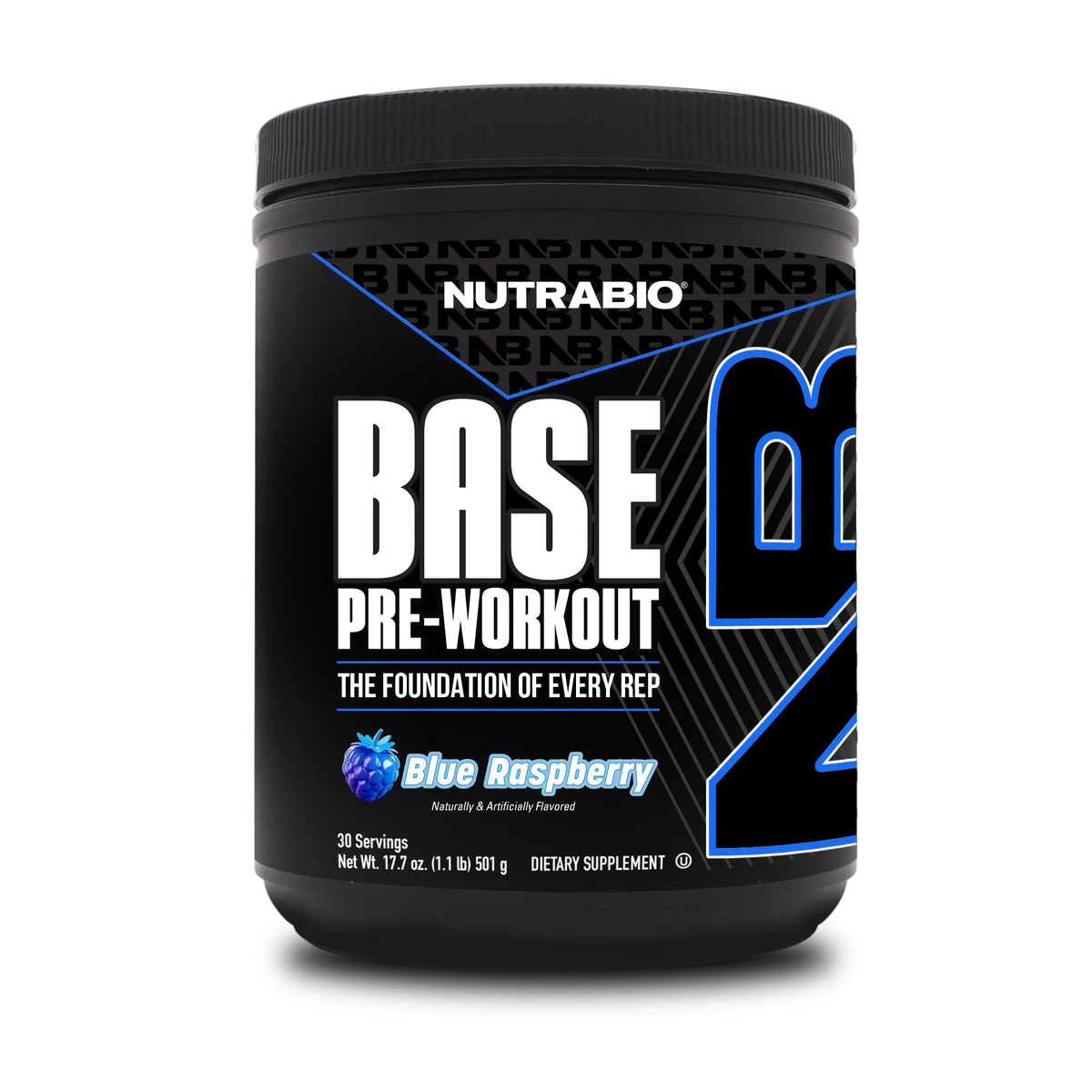 NutraBio Base Pre-Workout can front with blue raspberry flavor, suggesting long-lasting energy.