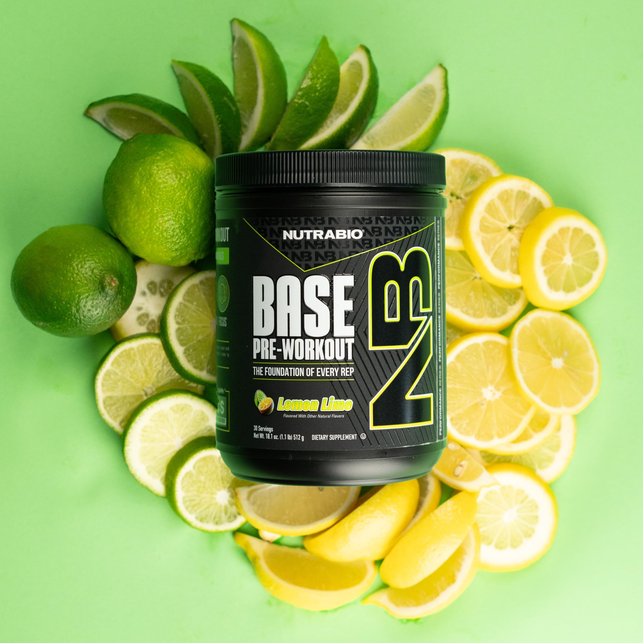 NutraBio Base Pre-Workout bottle label close-up — transparent ingredient promises.