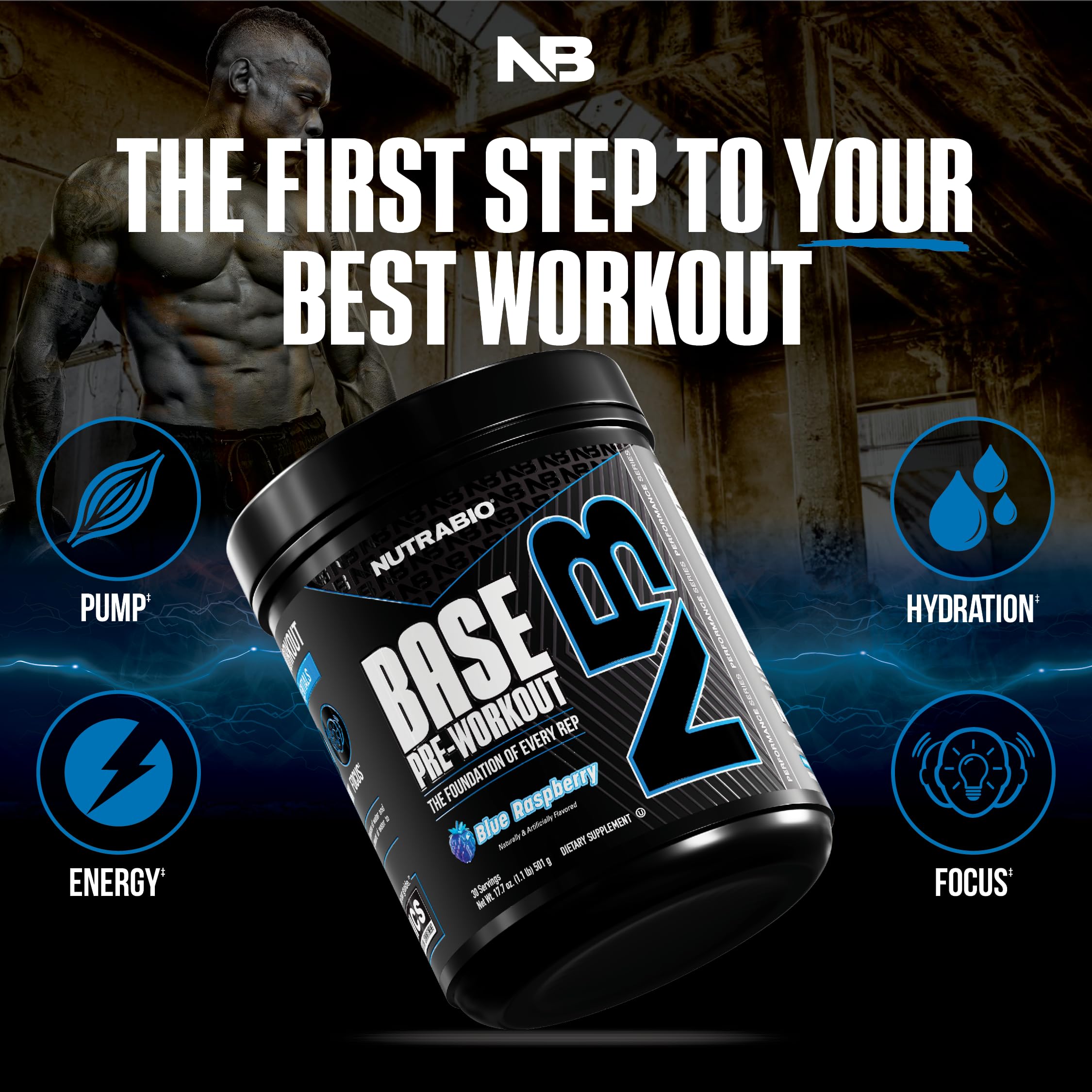 NutraBio Base Pre-Workout label detail shows beta-alanine and L-tyrosine for focused training.