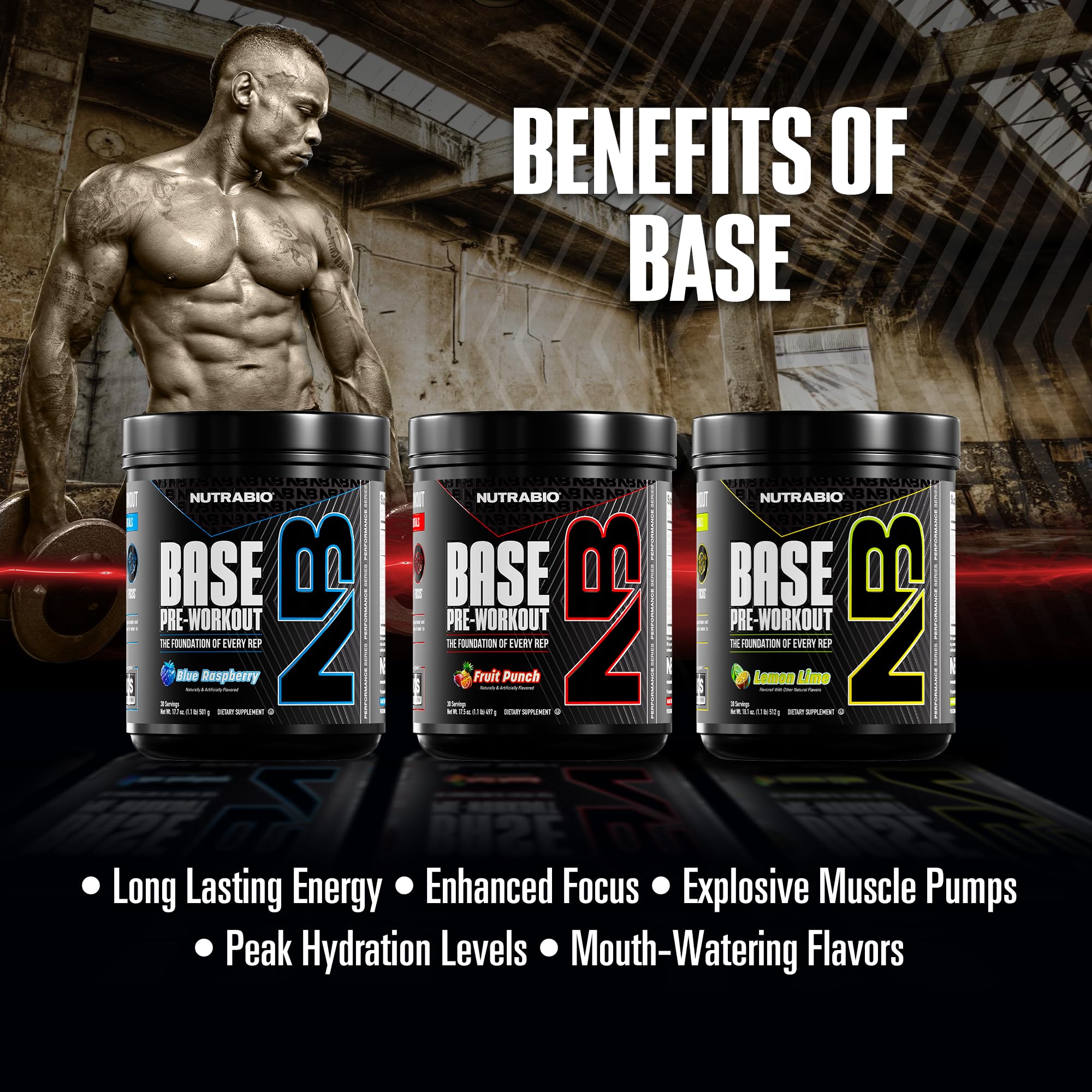NutraBio Base Pre-Workout lemon lime packaging close-up on counter.