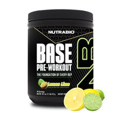 NutraBio Base Pre-Workout lemon lime tub — clean energy for sustained workouts.