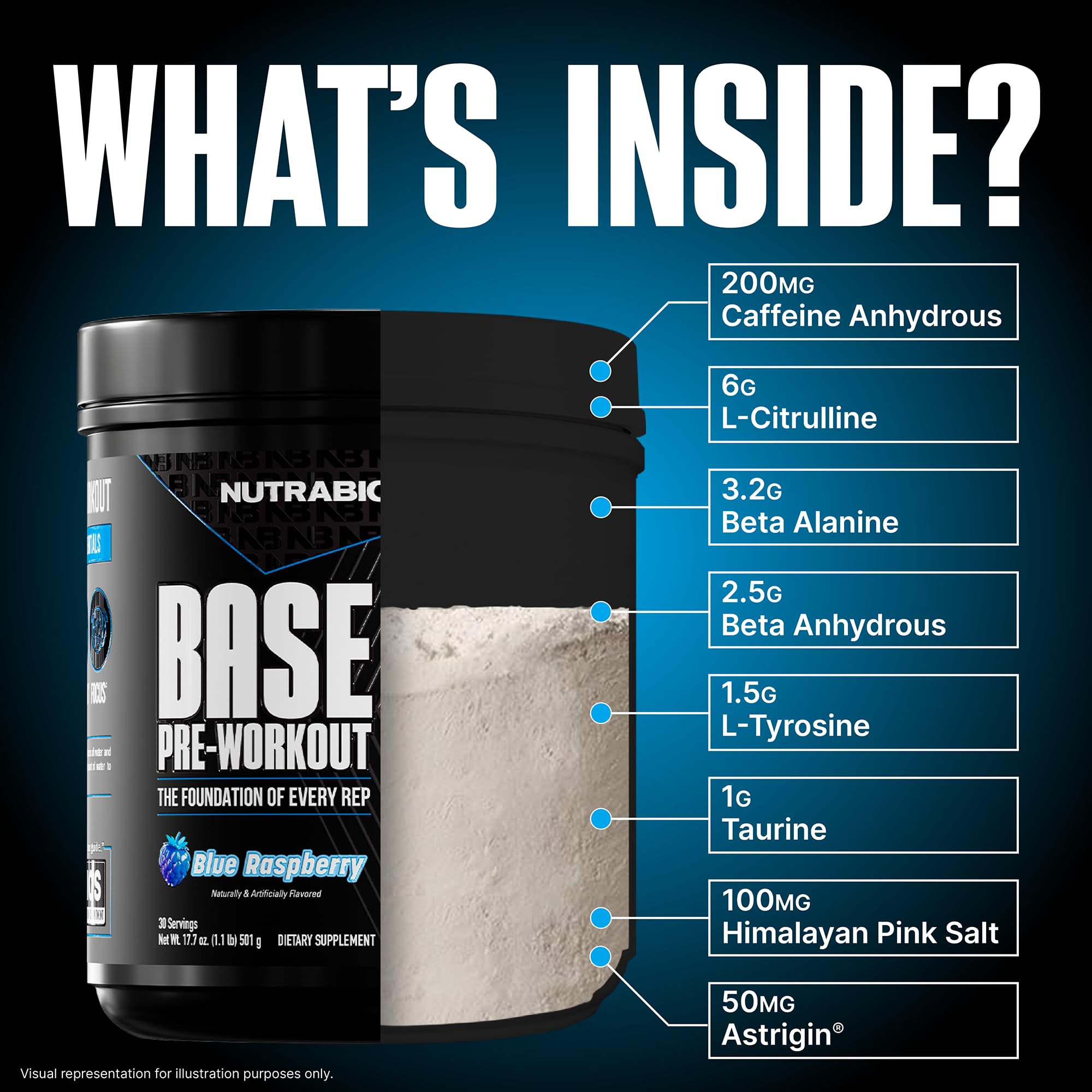 NutraBio Base Pre-Workout scoop close-up for quick, consistent dosing.