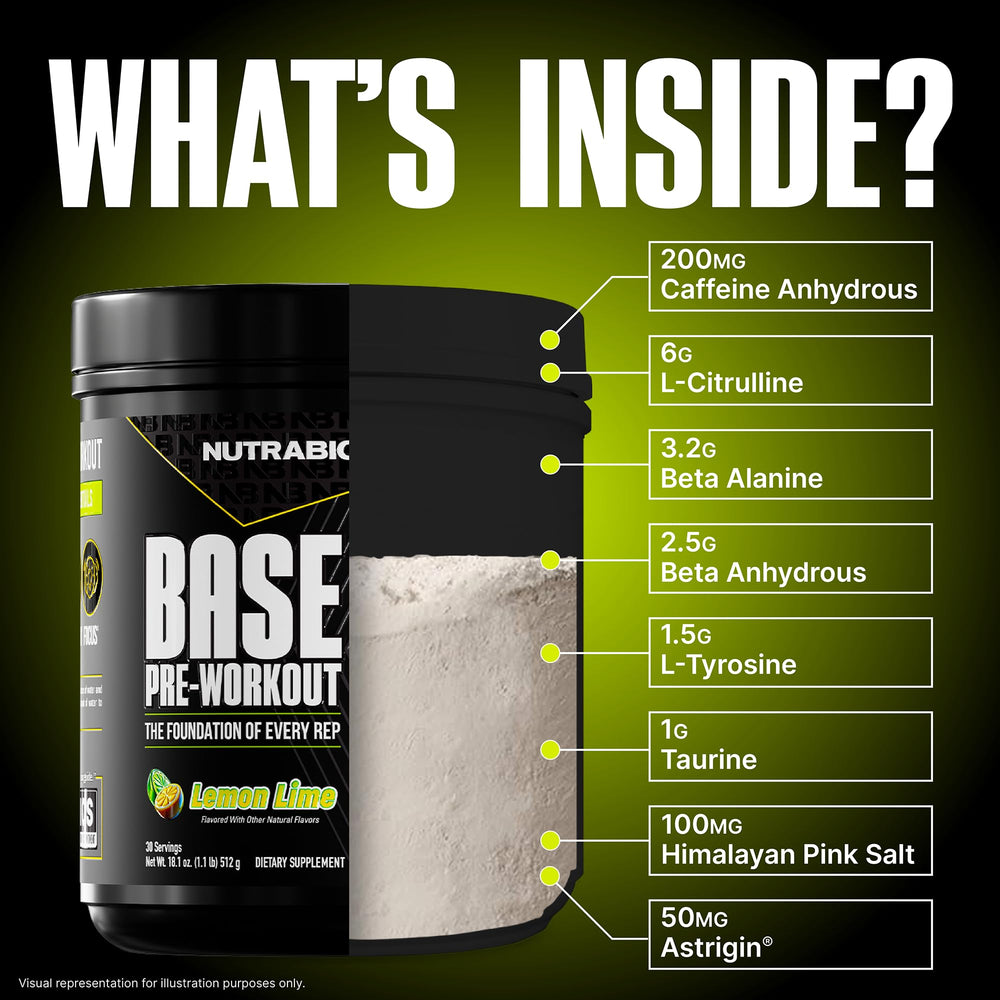 NutraBio Base Pre-Workout scoop inside tub — precise dosing for consistent servings.