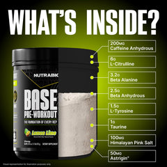 NutraBio Base Pre-Workout scoop inside tub — precise dosing for consistent servings.