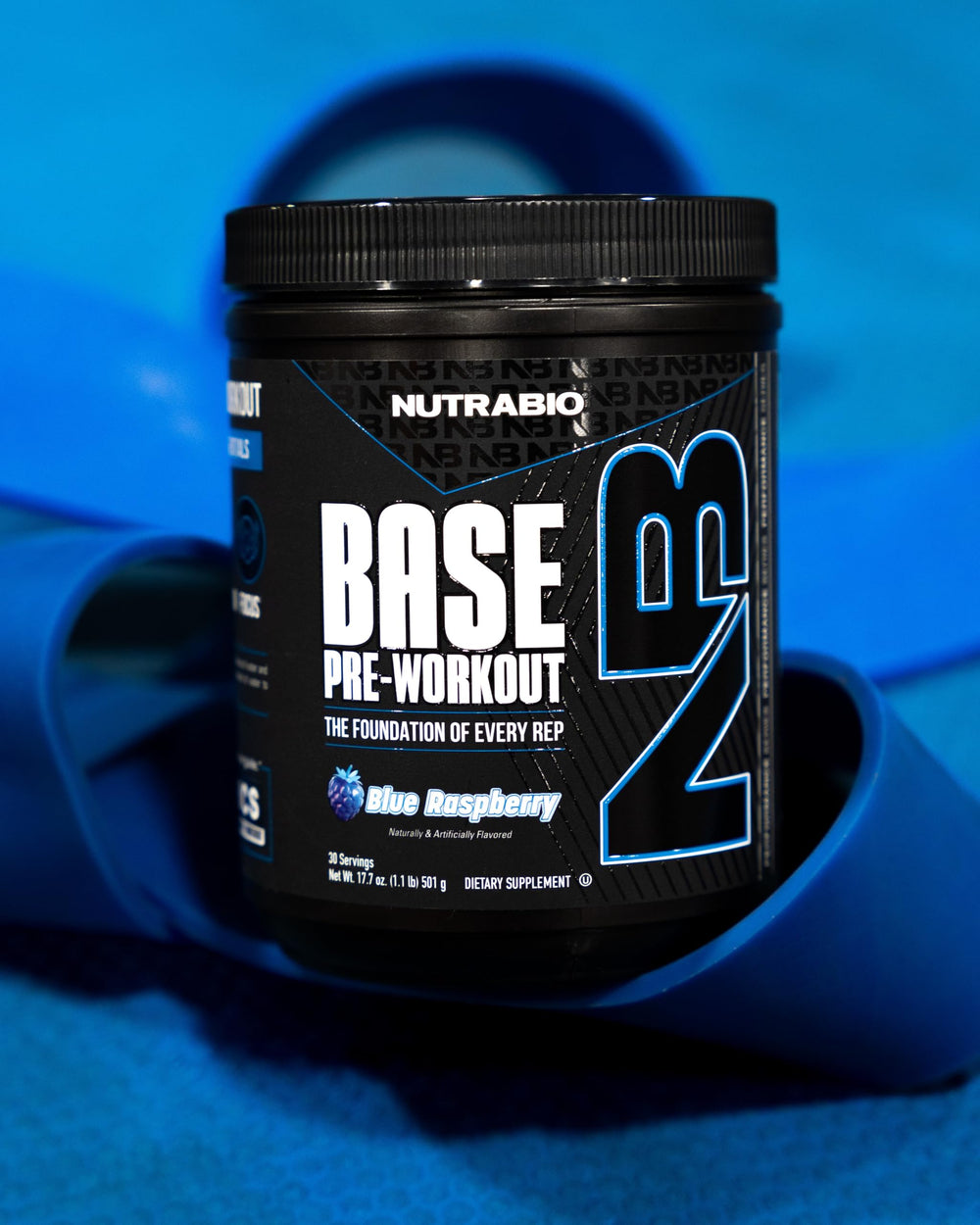 NutraBio Base Pre-Workout sugar-free formula conveys clean energy for workouts.