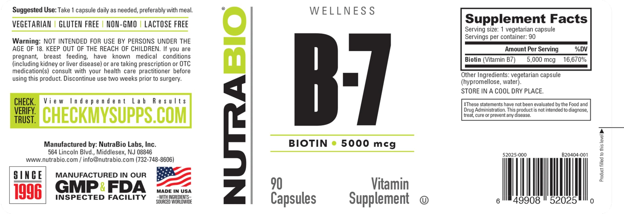 NutraBio Biotin 5000mcg capsules on a light surface for daily beauty support