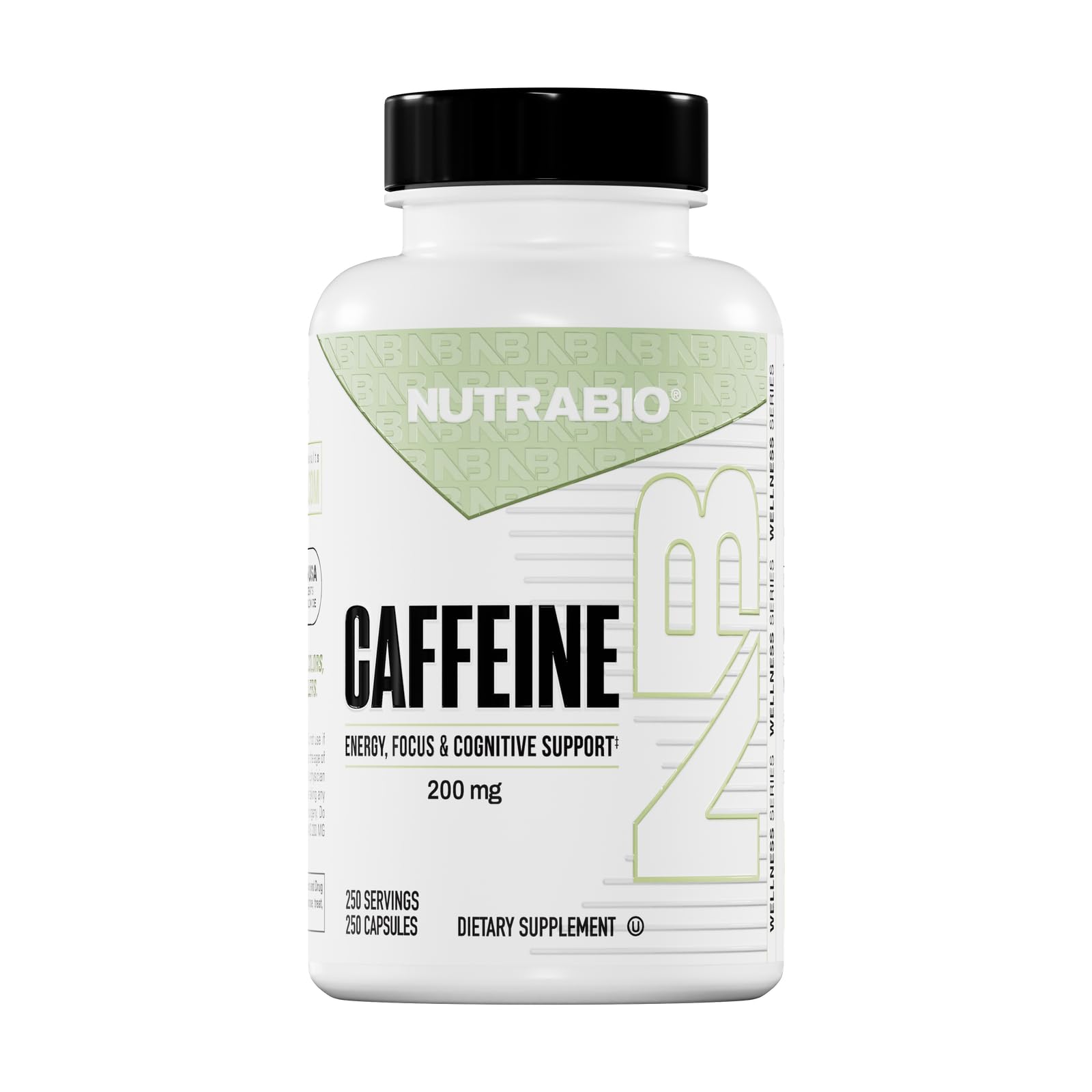 NutraBio caffeine capsules bottle close-up highlighting pure caffeine for focused energy