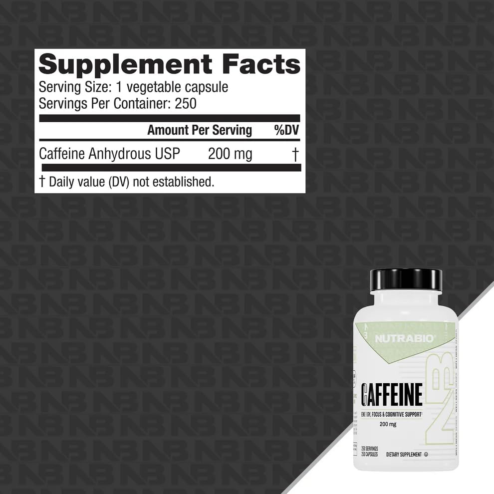 NutraBio caffeine capsules label details third-party testing and transparent purity
