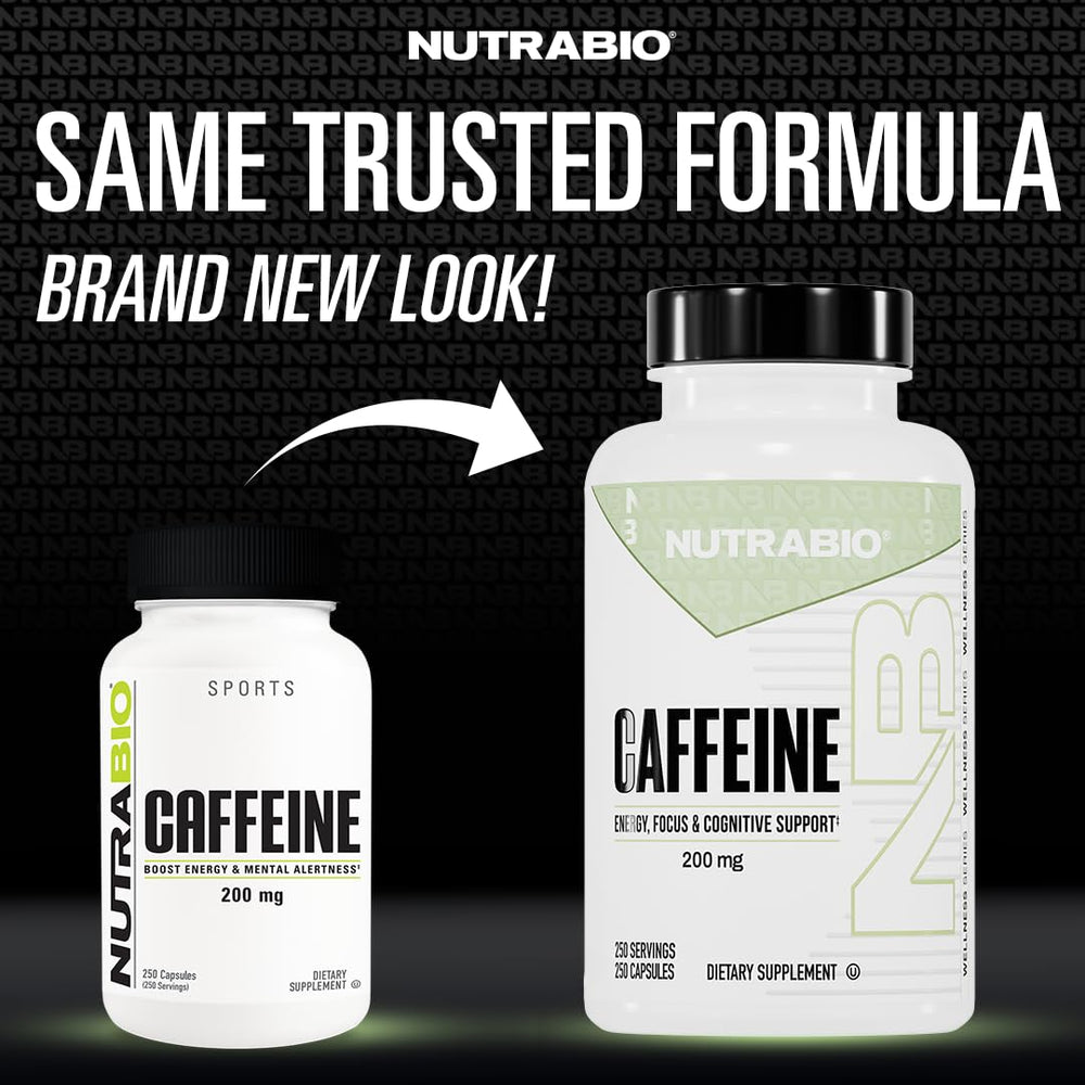 NutraBio caffeine capsules packaging front showcases clean, filler-free formula for straightforward use