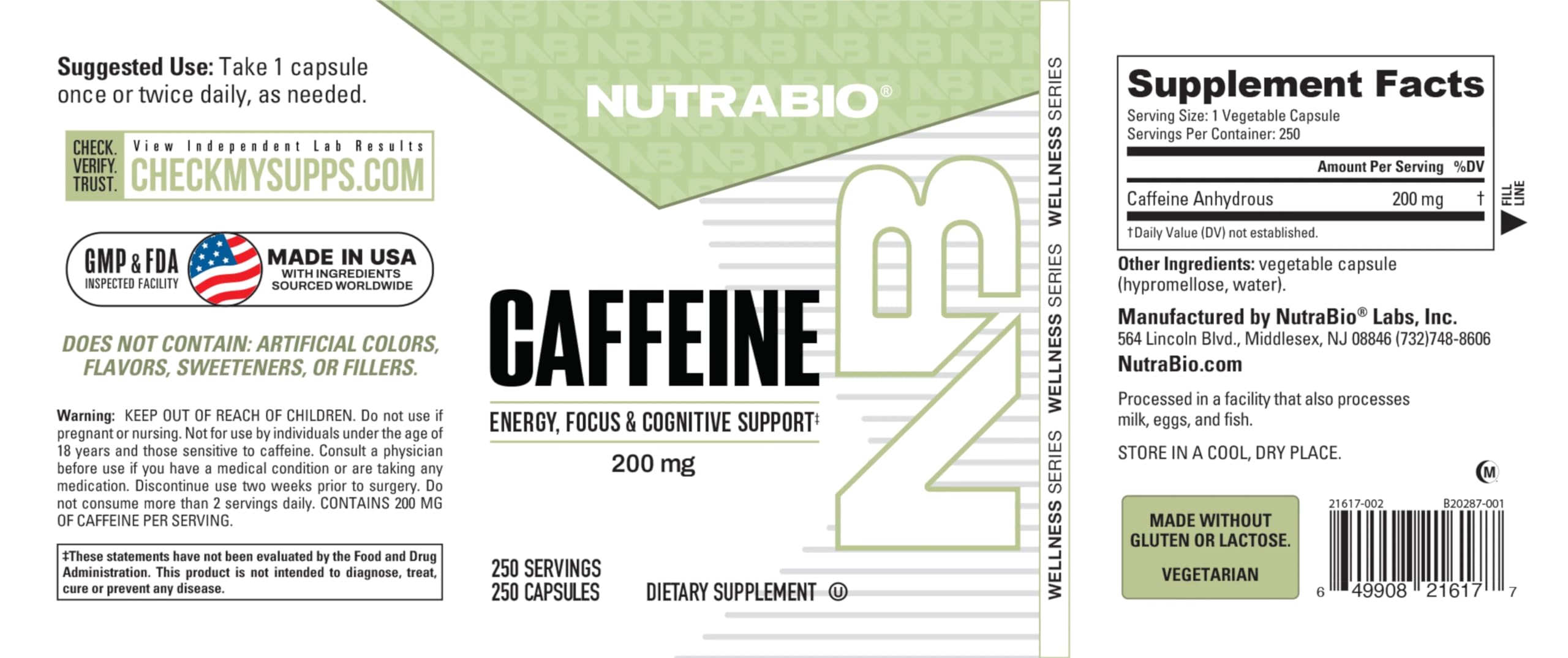 NutraBio caffeine capsules third-party testing seal reinforces label transparency