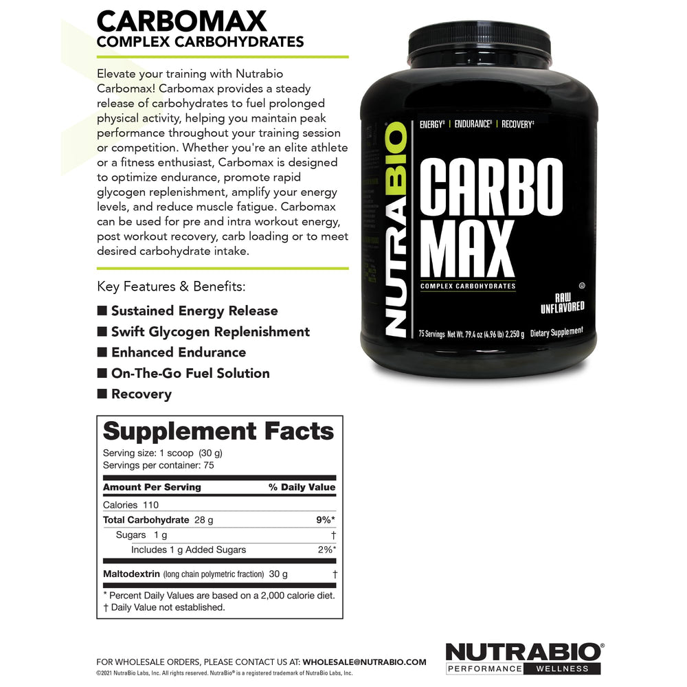 NutraBio CarboMax light feeling formula reduces sluggishness during training