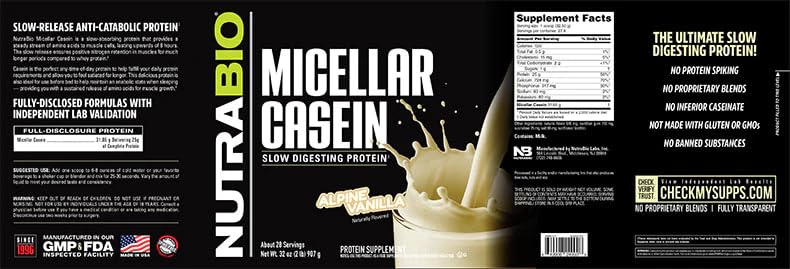 NutraBio gluten-free and soy-free badge on casein powder