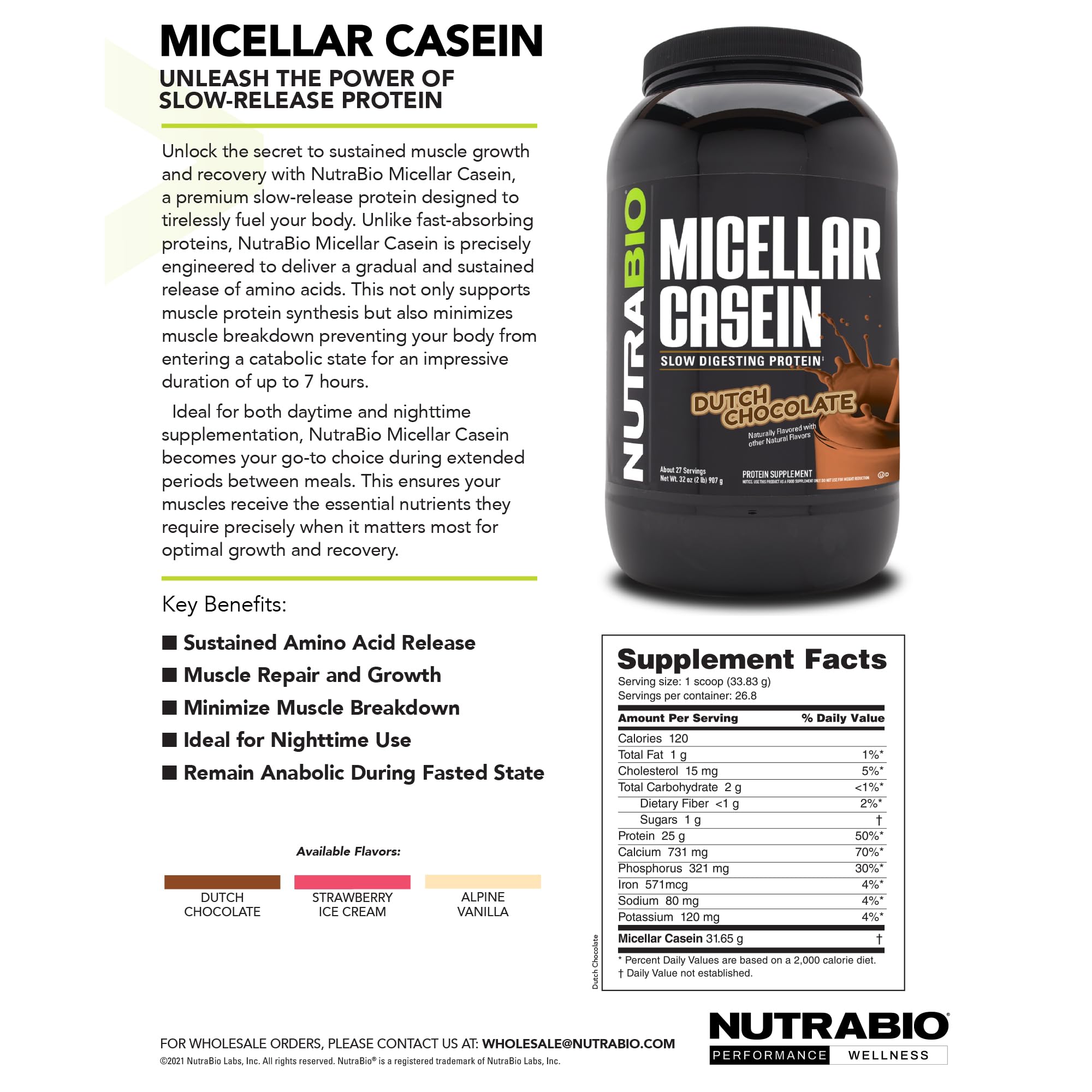 NutraBio casein powder 2lb vanilla studio shot with product display